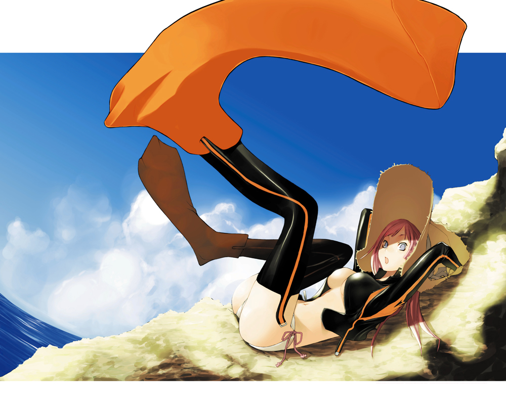 yasuda suzuhito, original, bad id, bad pixiv id, 1girl, :o, ass, beach, bikini, bikini bottom only, blue eyes, bodysuit, breasts, cloud, day, diving suit, dutch angle, female focus, fisheye, flippers, grey eyes, hat, long hair, lying, medium breasts, ocean, on back, open clothes, open mouth, open shirt, outdoors, pink hair, red hair, shirt, side-tie bikini bottom, sky, solo, straw hat, swimsuit, wetsuit