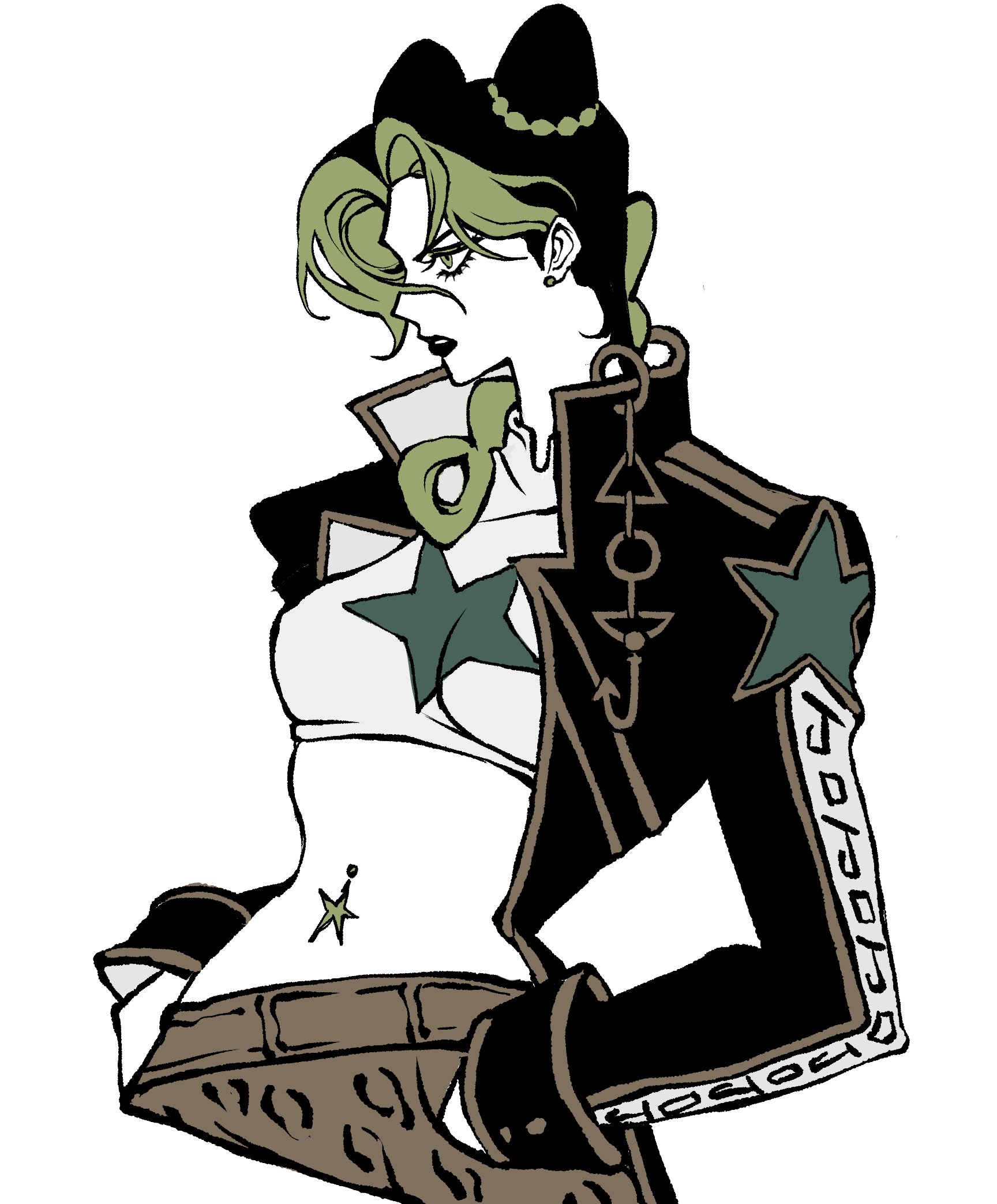 clamchowder55, kuujou jolyne, kuujou joutarou, jojo no kimyou na bouken, stone ocean, highres, 1girl, alternate costume, black coat, black hair, black lips, braid, brown pants, chain, coat, cone hair bun, cosplay, crop top, double bun, green eyes, green hair, hair bun, hands in pockets, high collar, hook, jewelry, kujo jotaro (cosplay), long coat, makeup, midriff, multicolored hair, navel piercing, pants, piercing, profile, shirt, simple background, solo, star (symbol), star piercing, star print, two-tone hair, white background, white shirt