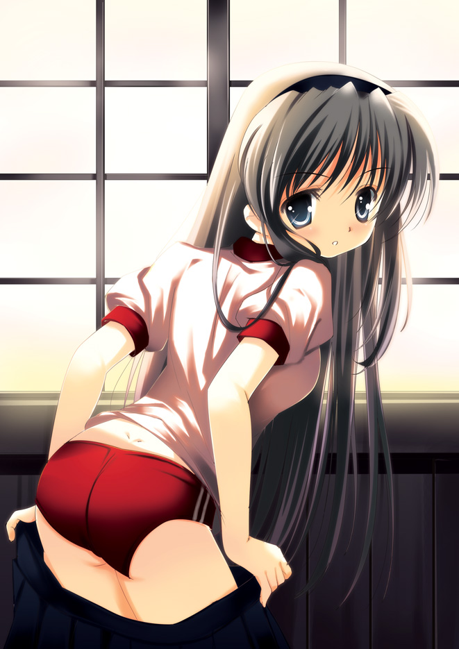 cariboy, sakagami tomoyo, clannad, silver hair, 00s, ass, blue eyes, blush, buruma, embarrassed, gym uniform, long hair, looking back, shy, solo, sunset, undressing