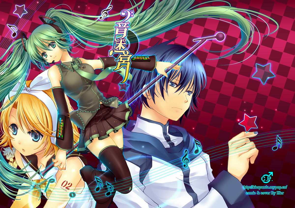 kier (k neko), hatsune miku, kagamine len, kagamine rin, kaito (vocaloid), vocaloid, bad id, bad pixiv id, 2boys, 2girls, detached sleeves, headset, long hair, microphone, multiple boys, multiple girls, necktie, skirt, thighhighs, twintails, very long hair