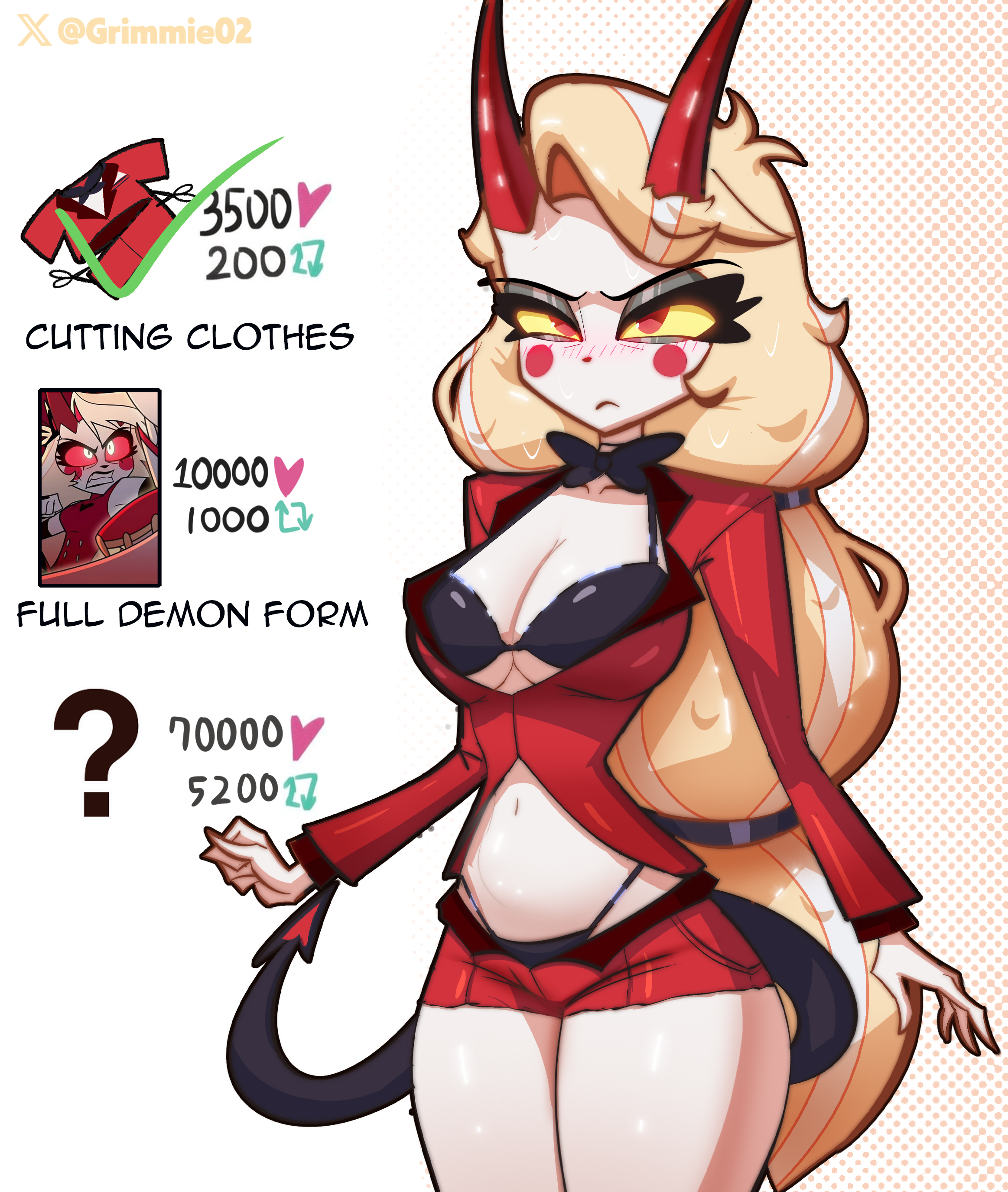 grimmie02, charlie morningstar, hazbin hotel, hellaverse, absurdres, commentary, english commentary, highres, 1girl, arm behind back, black bow, black bowtie, black bra, black panties, blonde hair, blush stickers, bow, bowtie, bra, breasts, colored sclera, cowboy shot, demon girl, demon horns, demon tail, english text, frown, half-closed eyes, heart, horns, jacket, large breasts, long hair, long sleeves, looking at viewer, micro shorts, multicolored hair, navel, panties, pants, red eyes, red jacket, red pants, red shorts, shiny clothes, shorts, simple background, solo, sweat, tail, two-tone hair, underwear, white background, yellow sclera