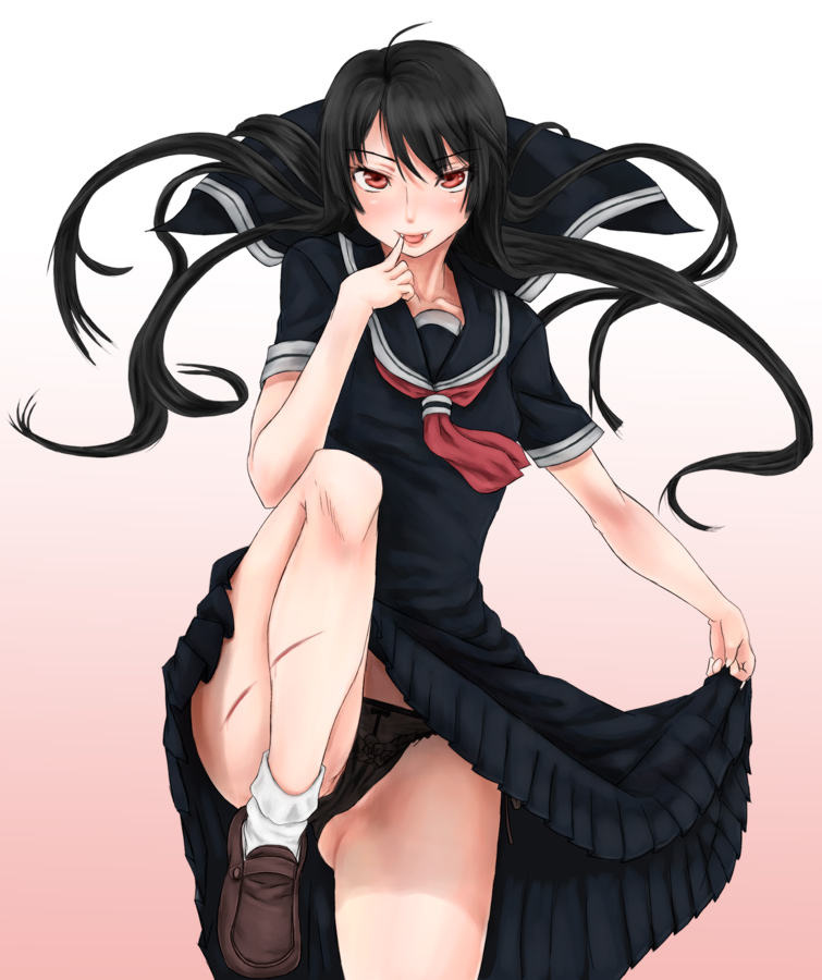 scharfschutze, kamura reiri, kaibutsu oujo, 00s, 1girl, black hair, black panties, clothes lift, dress, dress lift, fang, fangs, female focus, legs, long hair, panties, red eyes, school uniform, scratches, solo, underwear, vampire