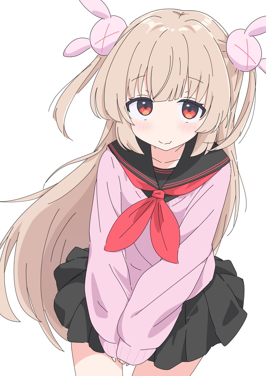 natori sana, natori sana (school uniform), sana channel, commentary request, 1girl, black sailor collar, black skirt, blonde hair, blush, closed mouth, hair ornament, long hair, looking at viewer, neckerchief, okumoto (sugoku erai), pink shirt, rabbit hair ornament, red eyes, red neckerchief, sailor collar, school uniform, serafuku, shirt, simple background, skirt, sleeves past wrists, solo, two side up, virtual youtuber, white background