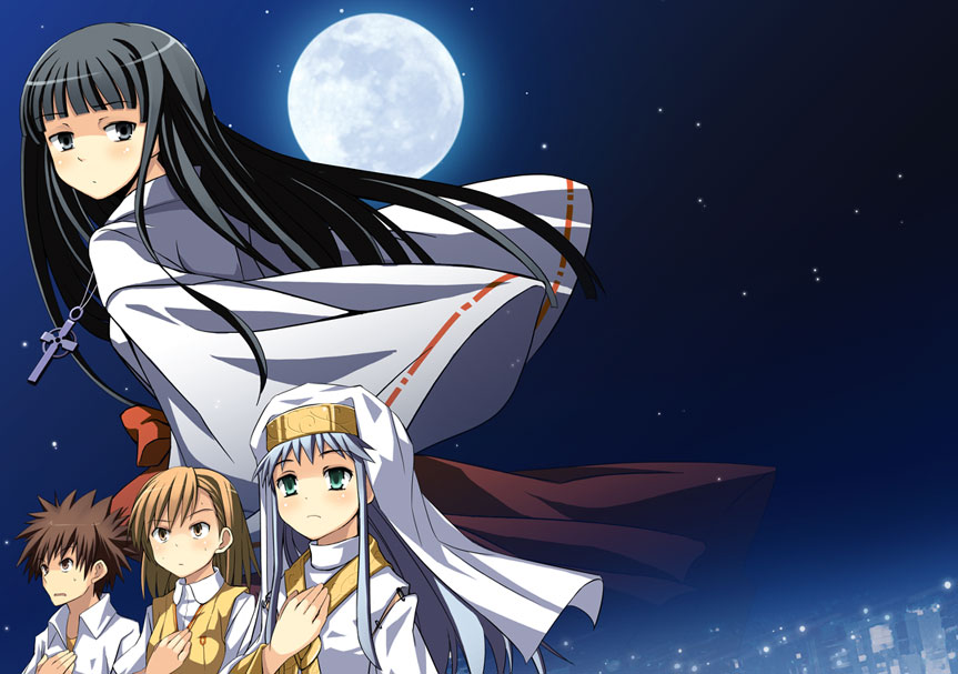 yuuji overall, himegami aisa, index (toaru majutsu no index), kamijou touma, misaka mikoto, toaru majutsu no index, 00s, moon, night, star (symbol)