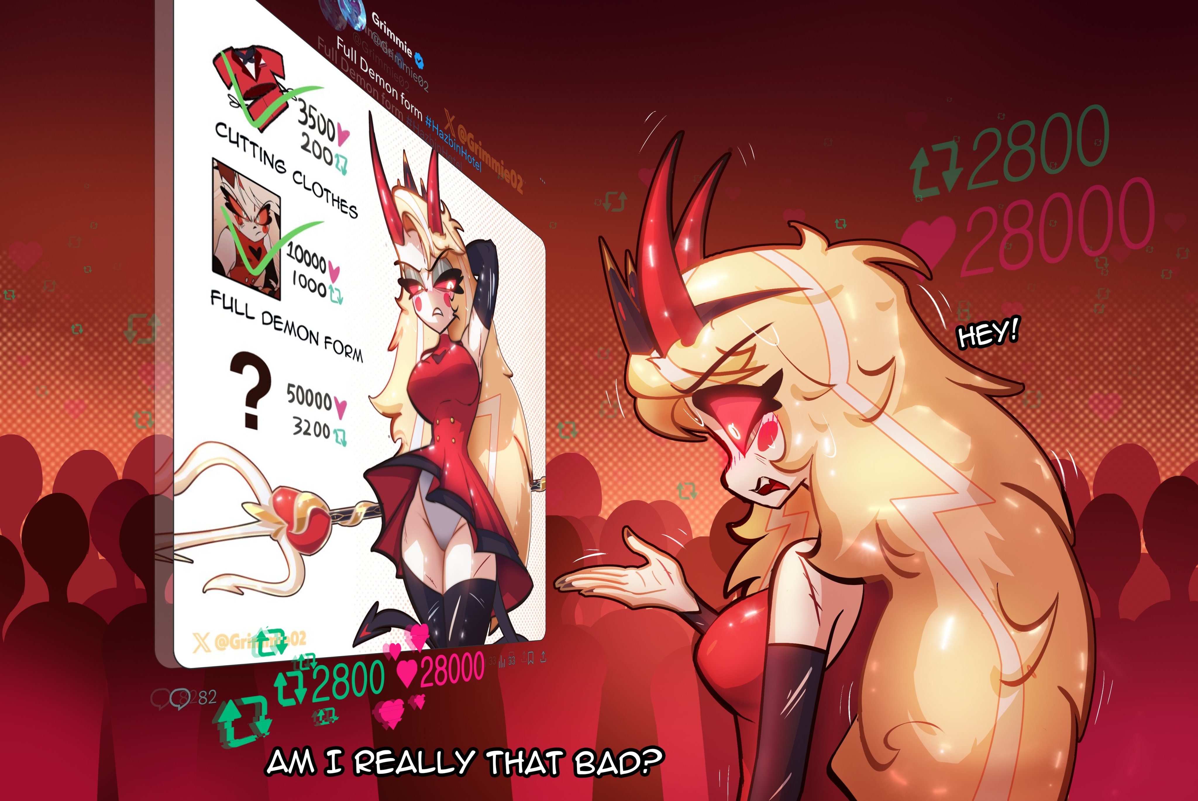 grimmie02, charlie morningstar, hazbin hotel, hellaverse, absurdres, commentary, english commentary, highres, 1girl, angry, arm behind back, armpits, black bow, black bowtie, black gloves, black thighhighs, blonde hair, blush stickers, bow, bowtie, breasts, colored sclera, cowboy shot, demon girl, demon horns, demon tail, dress, elbow gloves, english text, frown, gloves, groin, half-closed eyes, heart, holding, holding staff, horns, large breasts, leotard, long hair, long sleeves, looking down, looking to the side, multicolored hair, pants, people, red dress, red eyes, red pants, red sclera, shiny clothes, simple background, staff, sweat, tail, teeth, thighhighs, two-tone hair, underwear, upper teeth only, white background, white leotard, yellow sclera