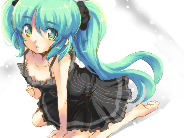 hikari no, hatsune miku, vocaloid, aqua eyes, aqua hair, barefoot, dress, green eyes, green hair, hikarin, long hair, solo, twintails