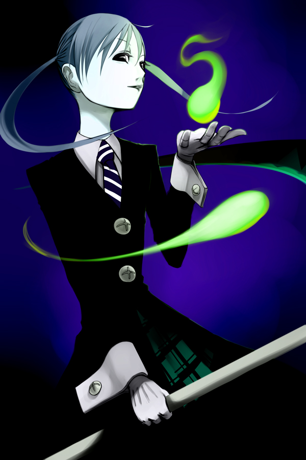 yama, maka albarn, soul eater, silver hair, 00s, 1girl, androgynous, black eyes, closed mouth, expressionless, female focus, fire, floating, formal clothes, gloves, holding, jacket, long coat, long sleeves, looking at viewer, necktie, pale skin, plaid clothes, plaid skirt, rod, scythe, short hair, skirt, solo, soul, staff, standing, suit, twintails, weapon, white gloves