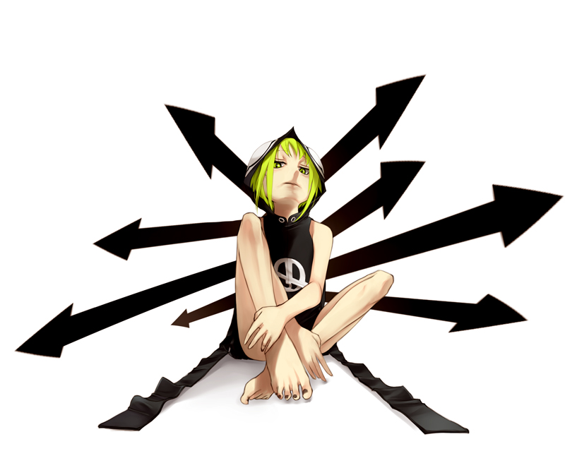 yama, medusa gorgon, rachel boyd, soul eater, 00s, 1girl, arrow (symbol), bare legs, barefoot, corruption, cosplay, dark persona, feet, female focus, full body, green hair, hood, hooded sweater, loli, long sleeves, looking at viewer, medusa gorgon (cosplay), official alternate costume, official alternate hair color, possessed, possession, red eyes, short hair, simple background, sitting, solo, sweater, toes, white background