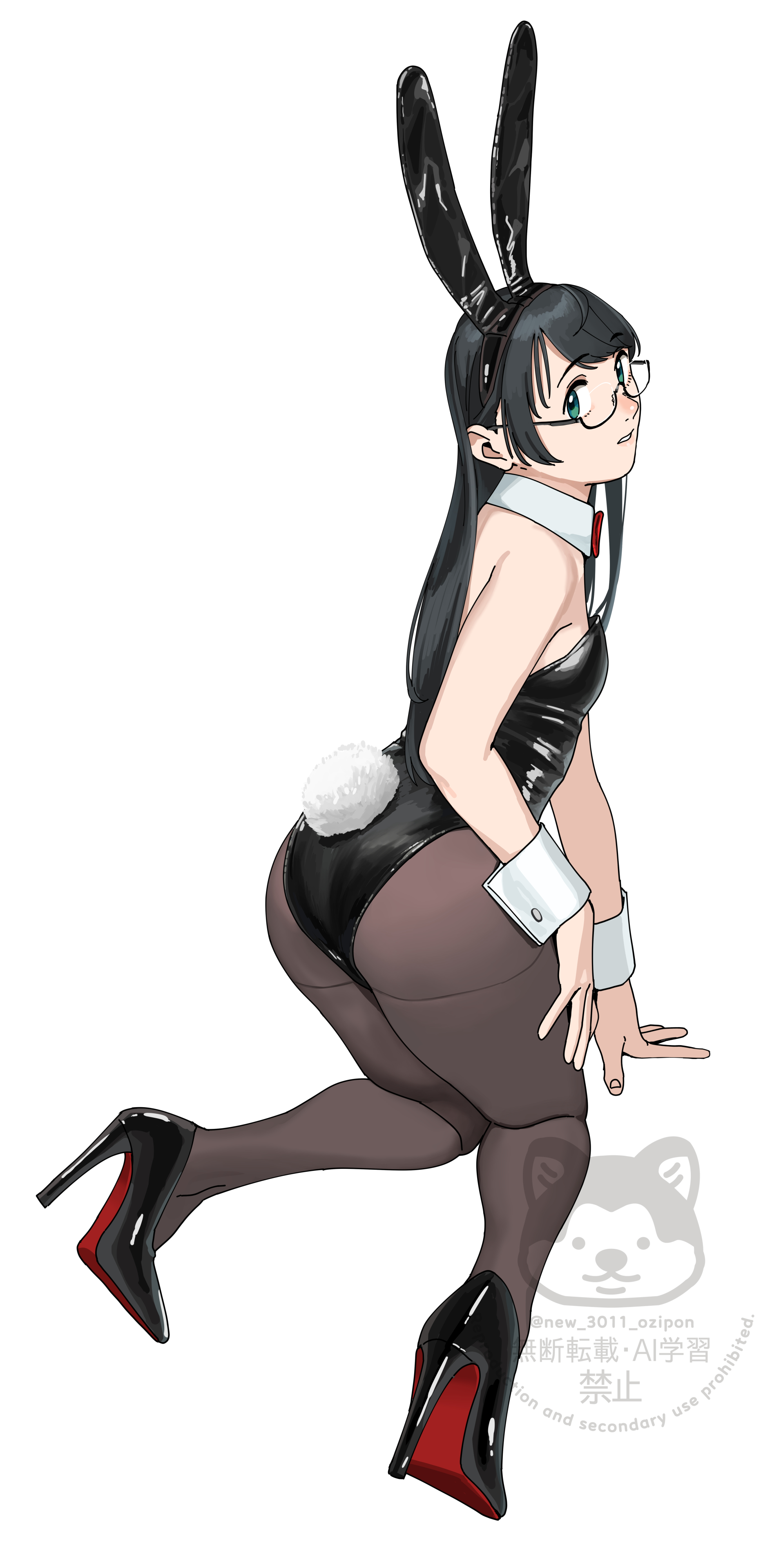 ojipon, ooyodo (kancolle), kantai collection, absurdres, highres, 1girl, animal ear hairband, animal ears, ass, black hair, black leotard, black pantyhose, blue eyes, bow, bowtie, detached collar, fake animal ears, glasses, hairband, leotard, long hair, looking at viewer, looking back, pantyhose, playboy bunny, rabbit ears, rabbit tail, red bow, red bowtie, simple background, solo, strapless, strapless leotard, tail, watermark, white background, wrist cuffs