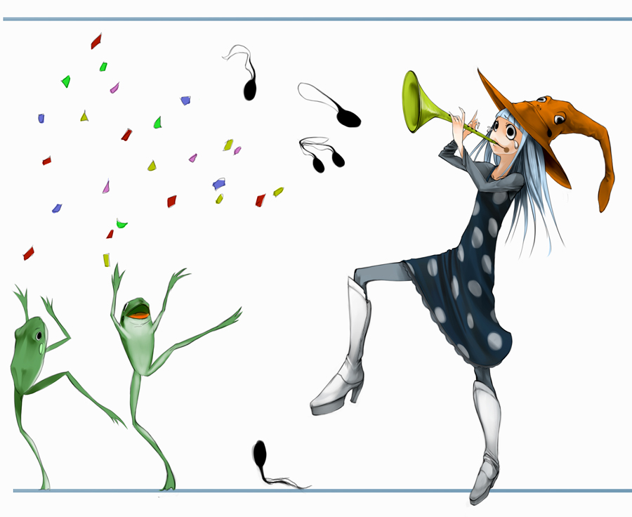 yama, eruka frog, soul eater, silver hair, 00s, 1girl, animal, barefoot, black dress, confetti, dancing, dress, female focus, frog, full body, hat, instrument, long hair, long sleeves, musical note, pantyhose, simple background, solo, trumpet, white background, witch hat
