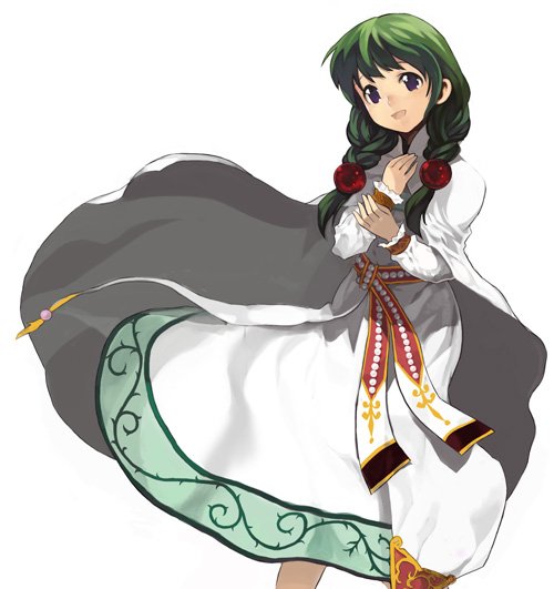 misada, philia felice, tales of (series), tales of destiny, bad id, bad pixiv id, 1girl, braid, dress, female focus, glasses, green hair, hair ornament, hair over shoulder, long hair, no eyewear, round eyewear, solo, sphere hair ornament, twin braids, white background, white dress