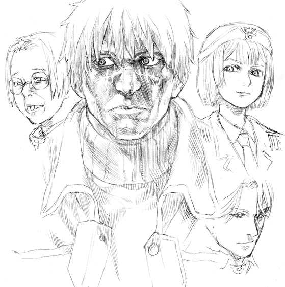 asanagi, alice l. malvin, martis, oreld, randal orlando, pumpkin scissors, 00s, 1girl, 3boys, buck teeth, close-up, glasses, greyscale, hat, jacket, military, military uniform, monochrome, multiple boys, necktie, scar, scar on face, scar on nose, short hair, sketch, smile, teeth, turtleneck