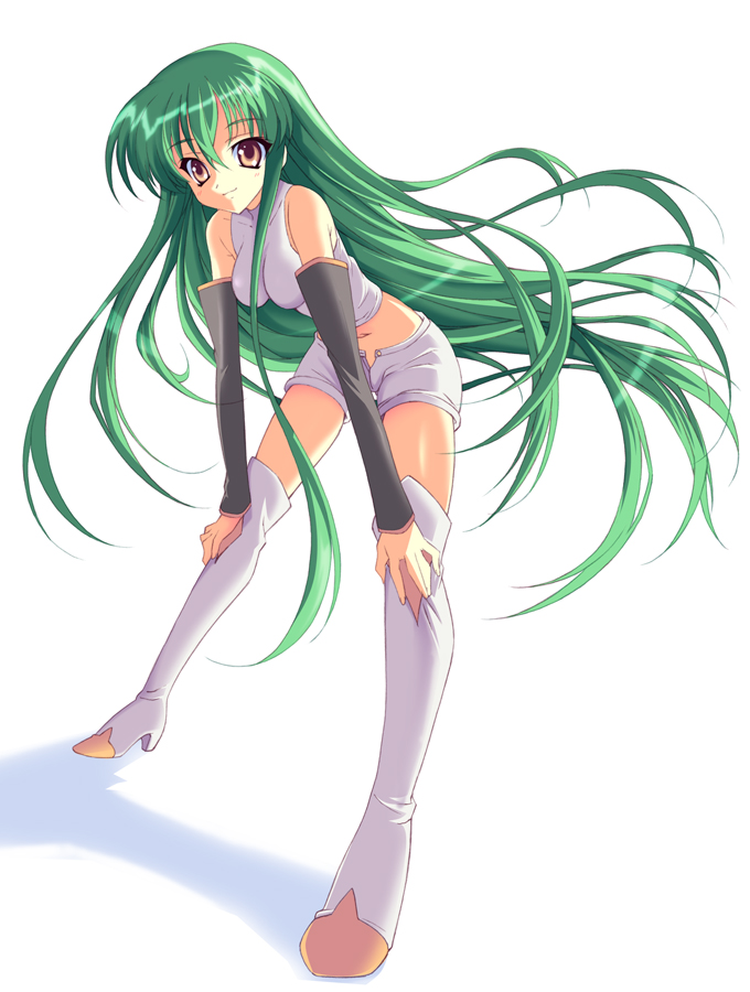 hayakawa harui, c.c., code geass, 00s, bent over, boots, green hair, leaning forward, long hair, midriff, open fly, shorts, solo, thigh boots, thighhighs, unzipped, very long hair