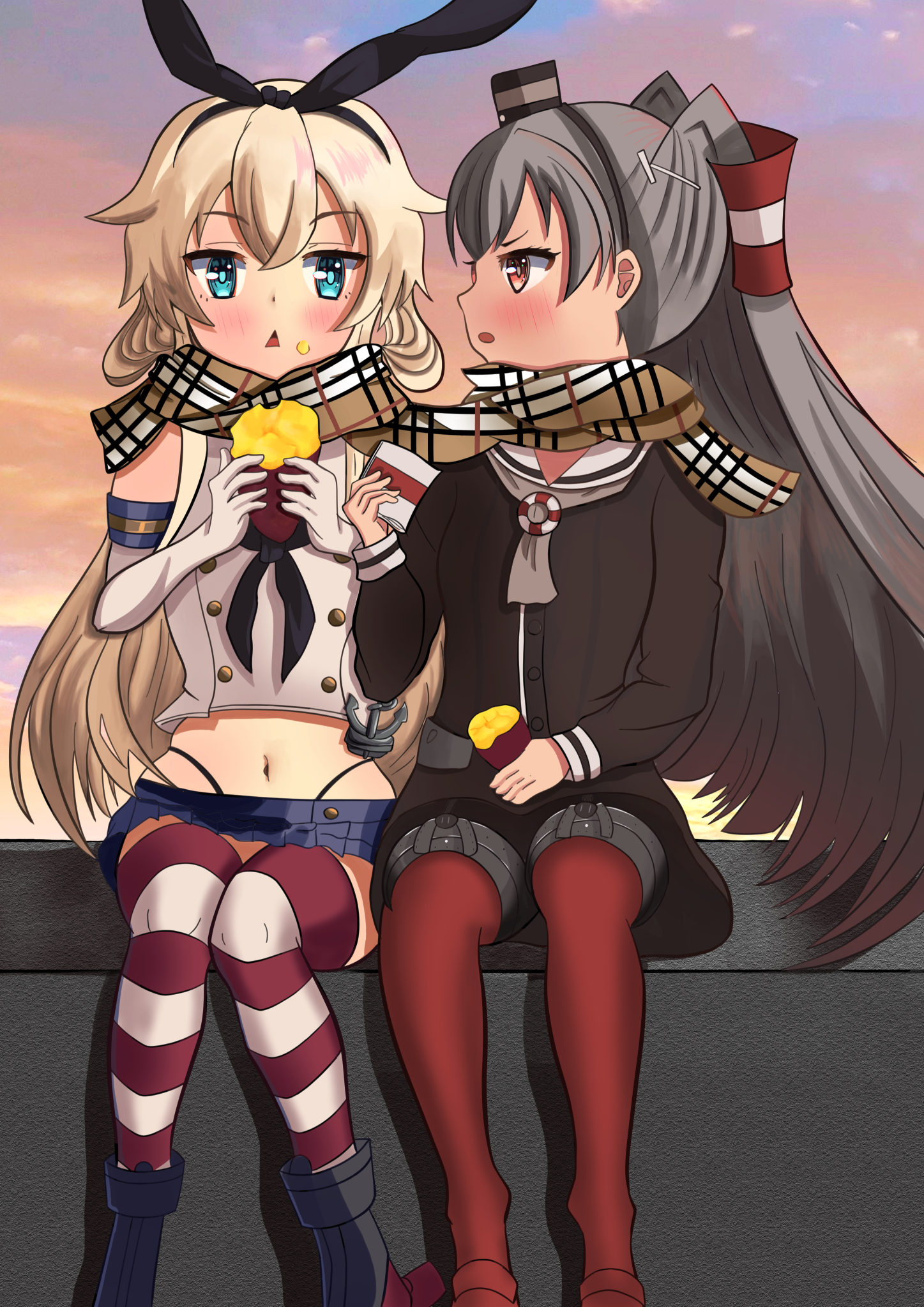 amatsukaze (kancolle), shimakaze (kancolle), kantai collection, highres, 2girls, anchor hair ornament, black hairband, black neckerchief, black panties, blonde hair, blue sailor collar, blue skirt, brown dress, brown scarf, crop top, dress, dusk, elbow gloves, feet out of frame, food, gloves, gradient sky, grey eyes, grey hair, grey neckerchief, hair ornament, hair tubes, hairband, hat, highleg, highleg panties, ichineko (pixiv53589140), lifebuoy ornament, long hair, long sleeves, microskirt, mini hat, miniskirt, multiple girls, neckerchief, panties, plaid clothes, plaid scarf, pleated skirt, red thighhighs, roasted sweet potato, rudder footwear, sailor collar, sailor dress, scarf, shared clothes, shared scarf, shirt, skirt, sky, sleeveless, sleeveless shirt, smokestack hair ornament, striped clothes, striped thighhighs, sweet potato, thighhighs, two side up, underwear, white gloves, white sailor collar