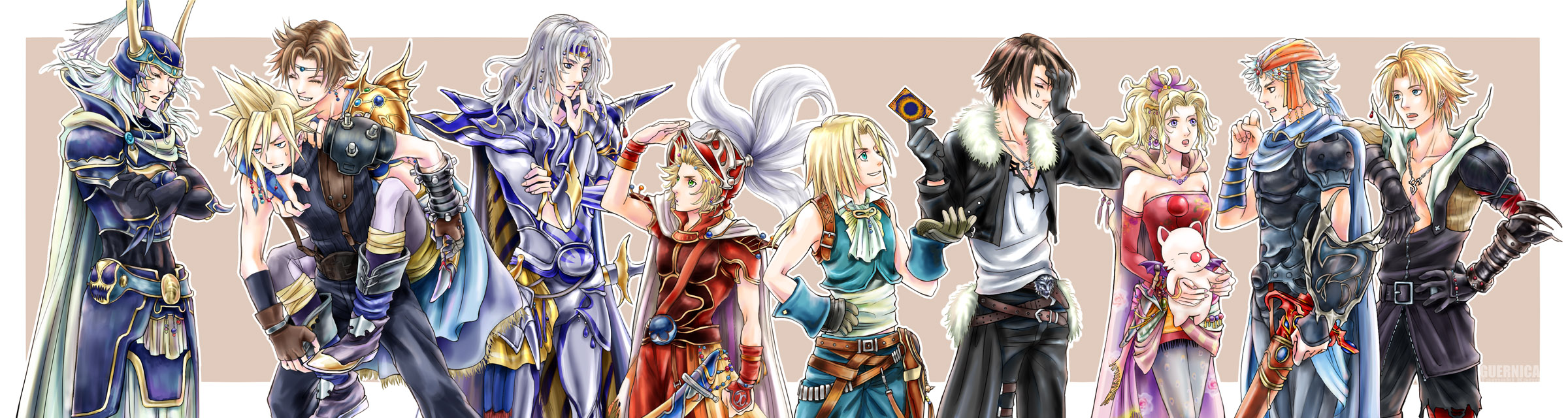 guernica, bartz klauser, cecil harvey, cloud strife, firion, mog, moogle, onion knight, paladin (final fantasy), squall leonhart, tidus, tina branford, warrior of light (ff1), zidane tribal, dissidia final fantasy, final fantasy, final fantasy i, final fantasy ii, final fantasy iii, final fantasy iv, final fantasy ix, final fantasy v, final fantasy vi, final fantasy vii, final fantasy viii, final fantasy x, 1980s (style), highres, long image, wide image, 00s, 1990s (style), 1girl, 6+boys, armlet, armor, bandana, belt, cape, card, circlet, detached sleeves, everyone, fingerless gloves, game console, gloves, hair ribbon, helmet, holding, holding card, in-franchise crossover, jacket, jewelry, multiple boys, necklace, oldschool, paladin, pantyhose, playstation 2, retro artstyle, ribbon, shield, shoulder pads, sword, thighhighs, weapon
