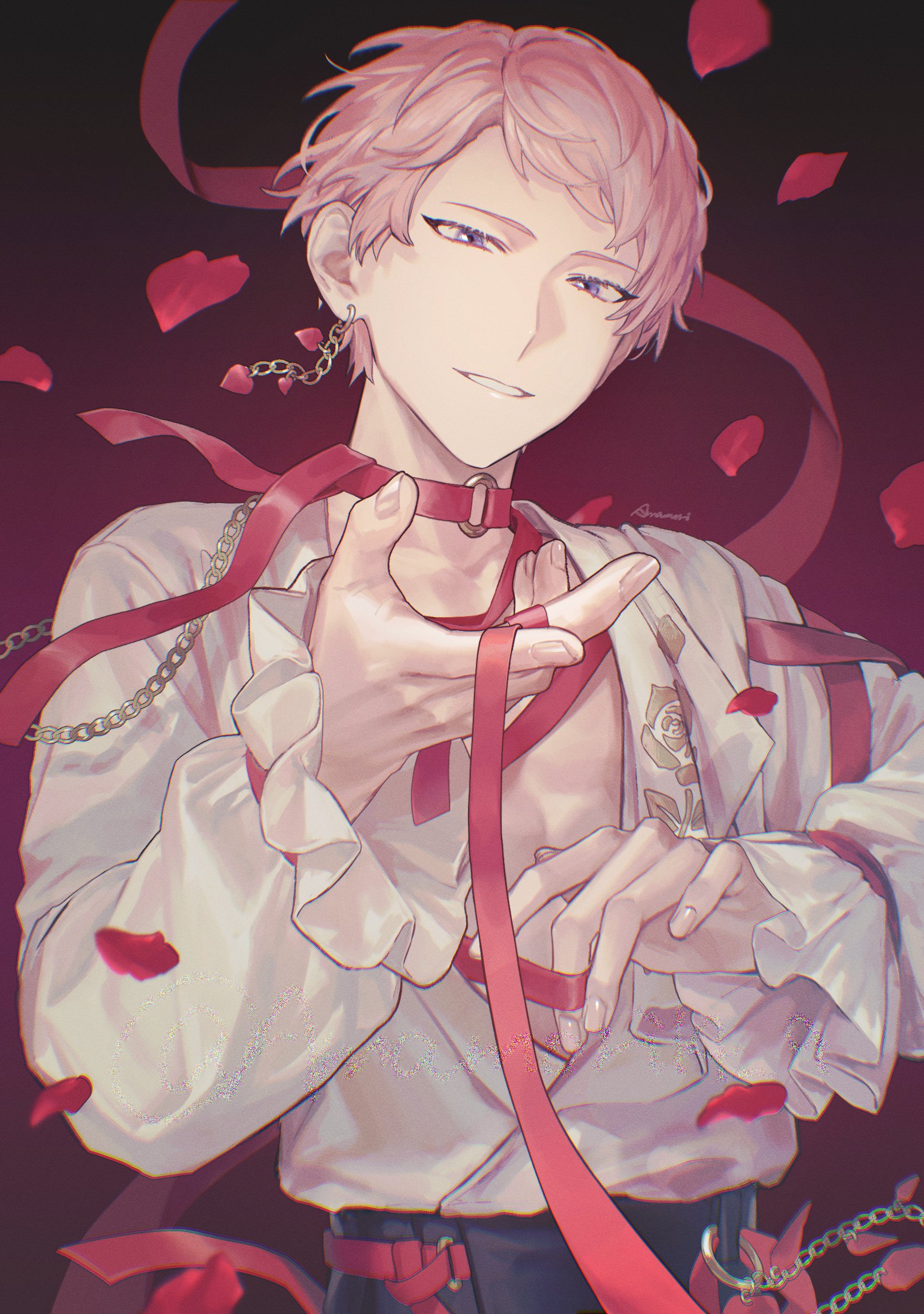 itsuki shu, ensemble stars!, absurdres, commentary, highres, symbol-only commentary, 1boy, amamori14 9, artist name, chain, choker, earrings, fingernails, floral print, jewelry, looking at viewer, male focus, official alternate costume, outstretched hand, pink hair, purple eyes, red choker, red petals, red ribbon, ribbon, shirt, short bangs, short hair, smile, solo, twitter username, upper body, watermark, white shirt