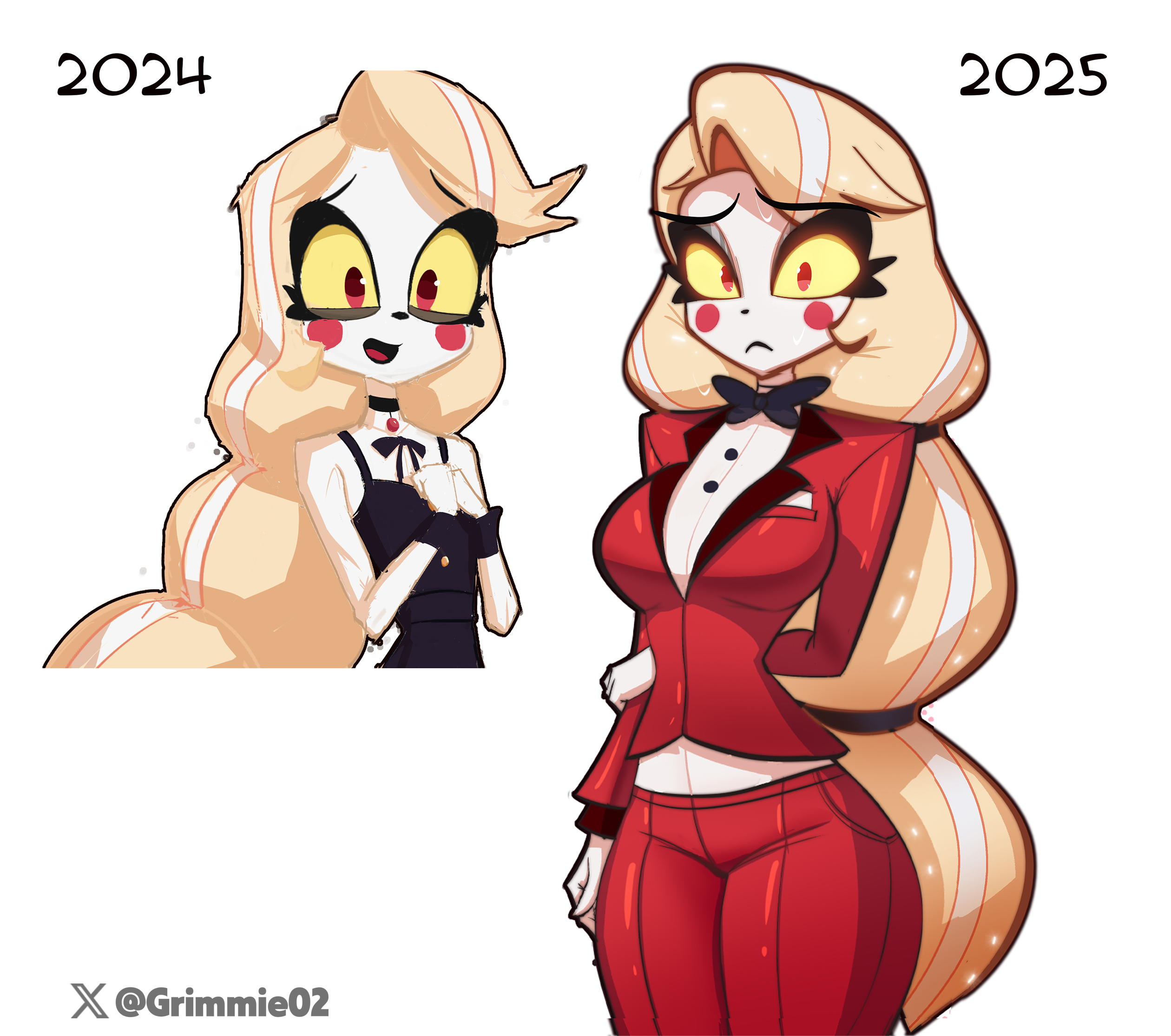 grimmie02, charlie morningstar, hazbin hotel, hellaverse, highres, 1girl, 2024, 2025, arm behind back, artist progress, black bow, black bowtie, black dress, blonde hair, blush stickers, bow, bowtie, breasts, colored sclera, cowboy shot, dress, frown, hands up, large breasts, long hair, multiple views, pants, red eyes, red pants, shirt, smile, sweat, white shirt, yellow sclera
