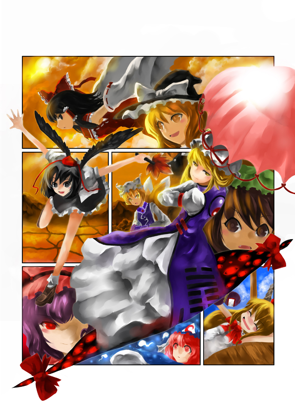 mikihiro, chen, hakurei reimu, ibuki suika, kirisame marisa, remilia scarlet, saigyouji yuyuko, shameimaru aya, yakumo ran, yakumo yukari, touhou, bad id, bad pixiv id, highres, 6+girls, :d, animal ears, animal hat, blonde hair, border, brown eyes, brown hair, cat ears, cat girl, dress, female focus, flying, grin, hat, long sleeves, looking at viewer, mob cap, multiple girls, open mouth, puffy short sleeves, puffy sleeves, purple dress, red eyes, short hair, short sleeves, smile, tassel, teeth, tengu, tokin hat, upper body, witch hat