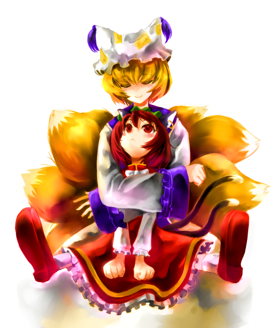 mikihiro, chen, yakumo ran, touhou, bad id, bad pixiv id, 2girls, :<, animal ears, animal hat, blonde hair, brown hair, cat ears, cat girl, cat tail, earrings, female focus, fox tail, hat, hug, jewelry, long sleeves, mob cap, multiple girls, multiple tails, shoes, short hair, socks, tail, tassel, white background, wide sleeves