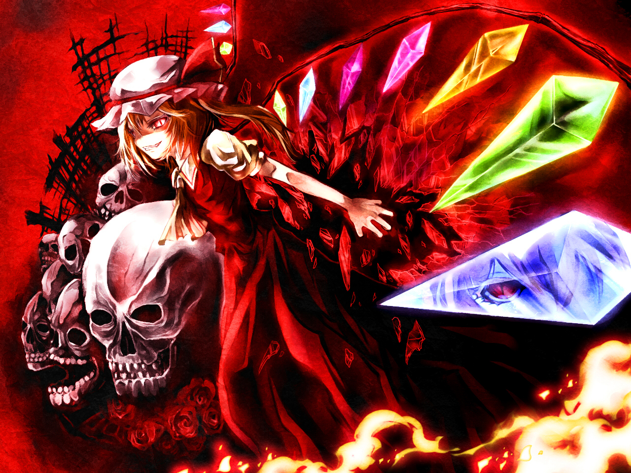 mikihiro, flandre scarlet, touhou, 1girl, female focus, from side, hat, mob cap, ponytail, red background, red eyes, red theme, skull, solo, white hat, wings