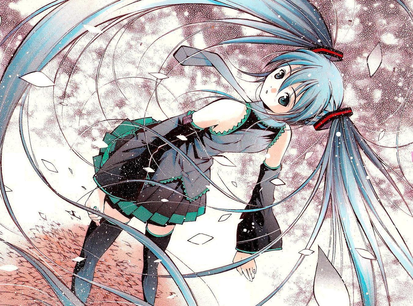 moonsorrow, hatsune miku, vocaloid, bad id, bad pixiv id, blue hair, cherry blossoms, detached sleeves, long hair, looking back, necktie, skirt, solo, thighhighs, twintails, very long hair, zettai ryouiki