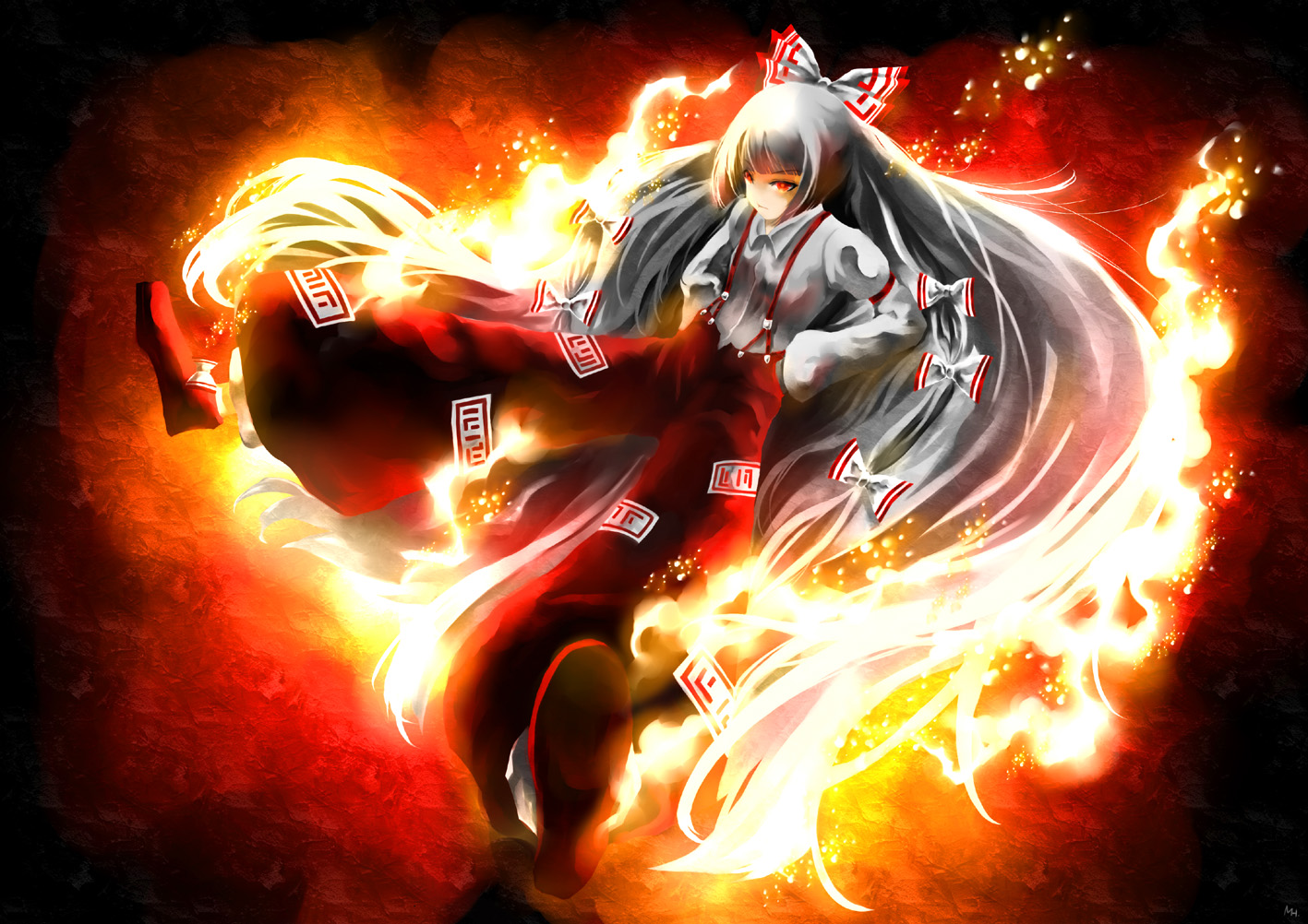 mikihiro, fujiwara no mokou, touhou, silver hair, bad id, bad pixiv id, 1girl, female focus, fire, hair ribbon, long hair, red eyes, ribbon, solo
