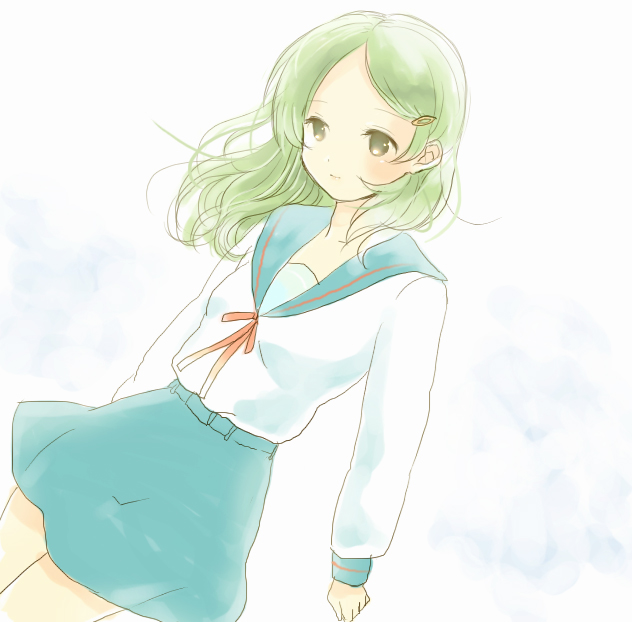 yoshioka mitsuko, kimidori emiri, suzumiya haruhi no yuuutsu, 00s, 1girl, blue skirt, collarbone, female focus, green eyes, green hair, hair ornament, hairclip, long hair, long sleeves, looking afar, looking at viewer, matching hair/eyes, sad, sailor collar, school uniform, serafuku, simple background, skirt, solo, white background