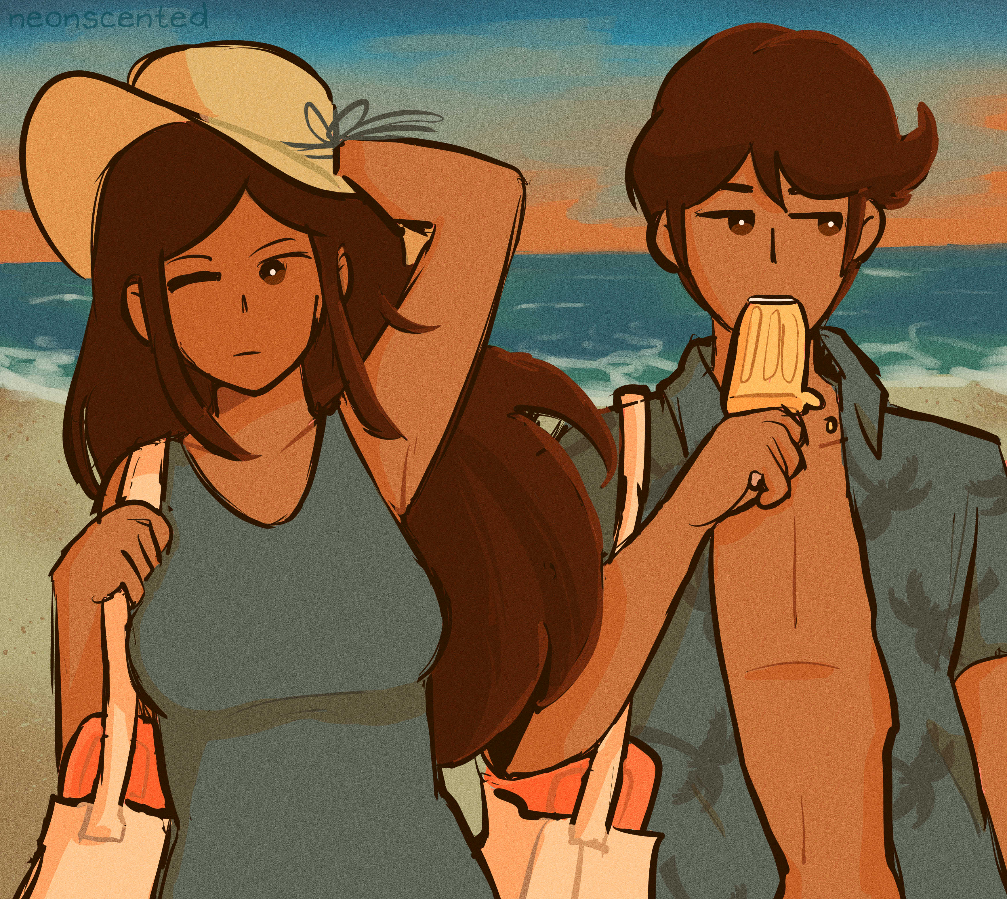 bowen (omori), daphne (omori), omori, absurdres, highres, 1boy, 1girl, beach, black eyes, breasts, brother and sister, brown hair, dark-skinned female, dark-skinned male, dark skin, food, hat, ice cream, neonscented, siblings
