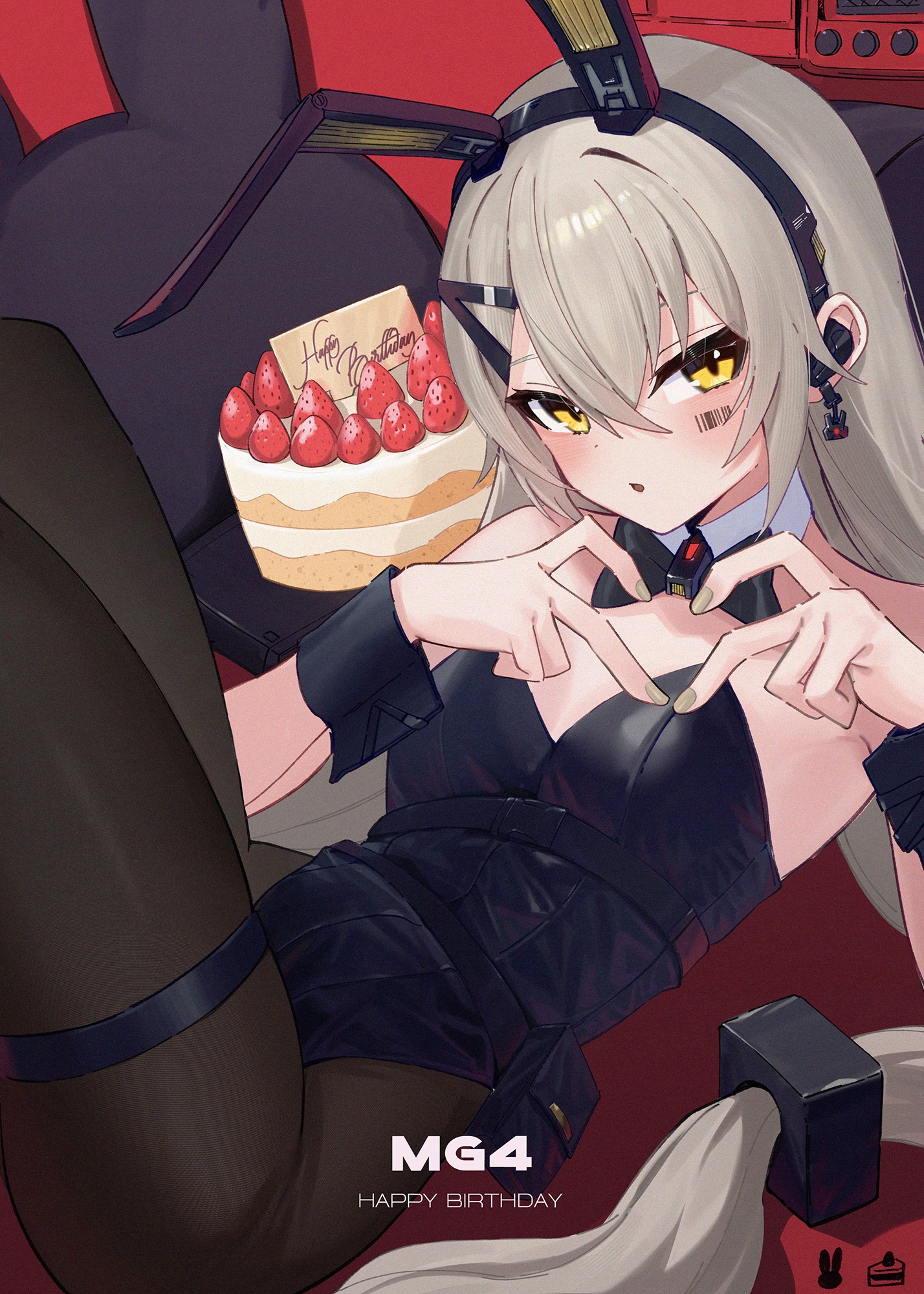 ranyu, mg4 (girls' frontline), girls' frontline, commentary, commission, english commentary, highres, pixiv commission, 1girl, alternate costume, animal ear hairband, animal ears, barcode, barcode tattoo, black bow, black bowtie, black pantyhose, black wrist cuffs, bow, bowtie, breasts, brown hair, brown nails, cake, detached collar, earrings, facial tattoo, fake animal ears, food, four-finger heart hands, hair ornament, hairband, happy birthday, heart, heart hands, jewelry, long hair, looking at viewer, open mouth, pantyhose, playboy bunny, rabbit ears, small breasts, solo, strawberry cake, tattoo, thigh strap, wrist cuffs, yellow eyes