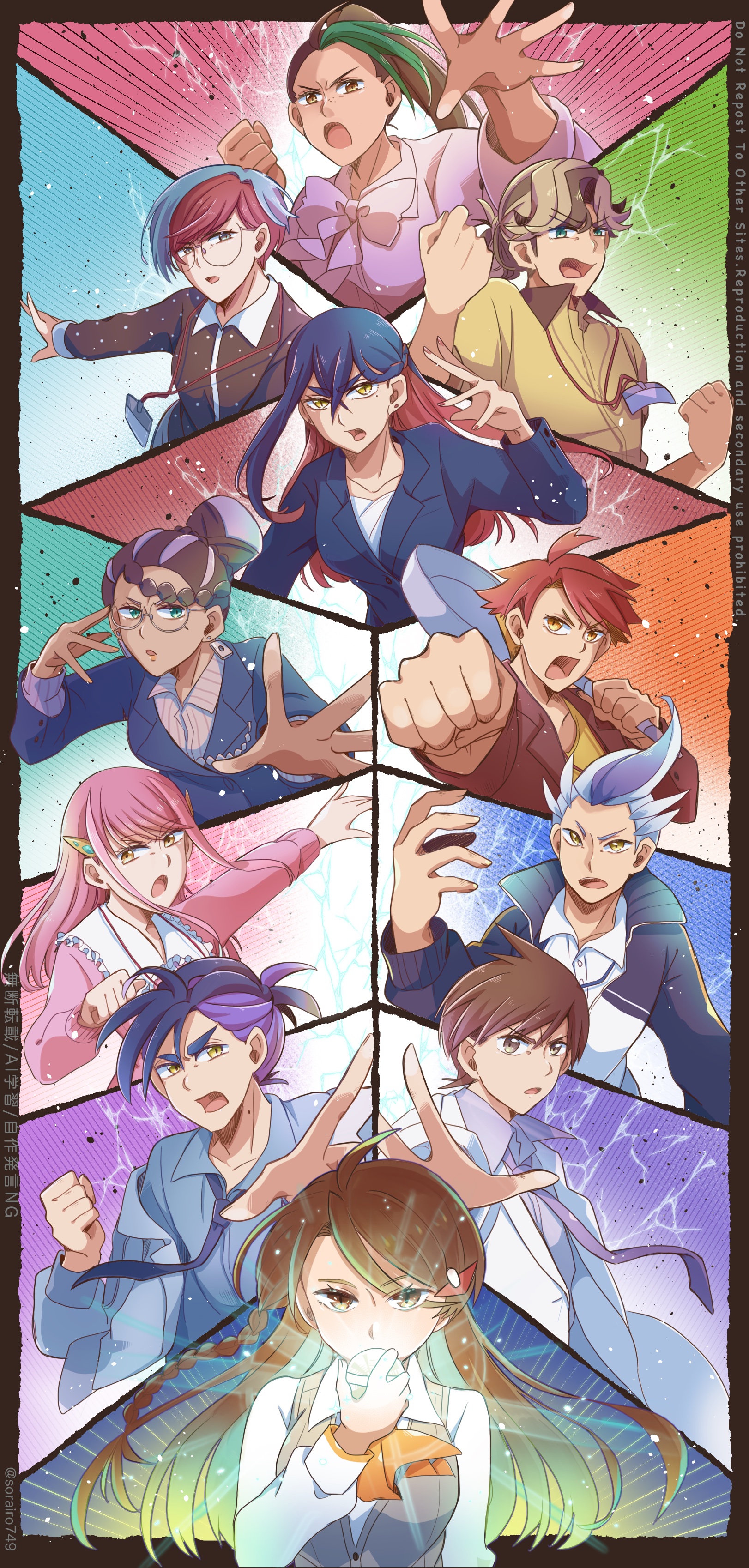 sorairo749, amarys (pokemon), arven (pokemon), carmine (pokemon), crispin (pokemon), drayton (pokemon), florian (pokemon), juliana (pokemon), kieran (pokemon), lacey (pokemon), nemona (pokemon), penny (pokemon), nintendo, pokemon, pokemon sv, absurdres, highres, 5boys, 6+girls, age progression, aged up, alternate color, bag, black hair, blue hair, braid, brother and sister, brown eyes, brown hair, closed mouth, collared shirt, colored inner hair, dark-skinned female, dark skin, eyelashes, freckles, frying pan, glasses, green hair, grey eyes, hair between eyes, hair ornament, hairclip, holding, holding poke ball, holding tera orb, jacket, long hair, long sleeves, mole, mole on neck, mole under eye, multicolored hair, multiple boys, multiple girls, necktie, open clothes, open jacket, open mouth, pants, pantyhose, pink hair, poke ball, poke ball (basic), ponytail, purple eyes, purple hair, red hair, round eyewear, shirt, short hair, short sleeves, shorts, siblings, smile, streaked hair, teacher, tera orb, two-tone hair, white hair, yellow eyes