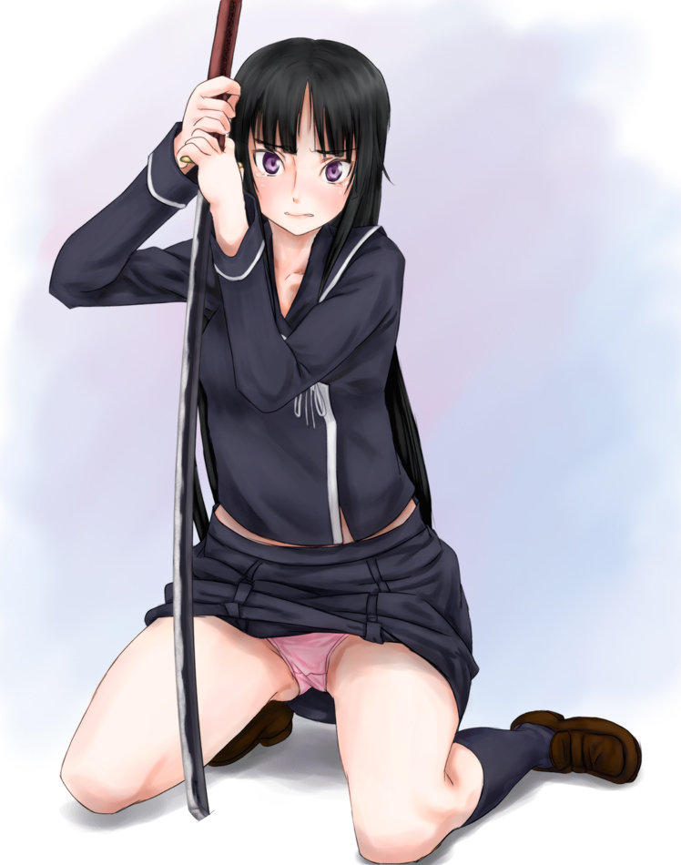 scharfschutze, isayama yomi, ga-rei, ga-rei zero, 00s, black hair, blunt bangs, blush, hime cut, katana, kneeling, legs, long hair, panties, pantyshot, purple eyes, skirt, socks, solo, sword, underwear, weapon
