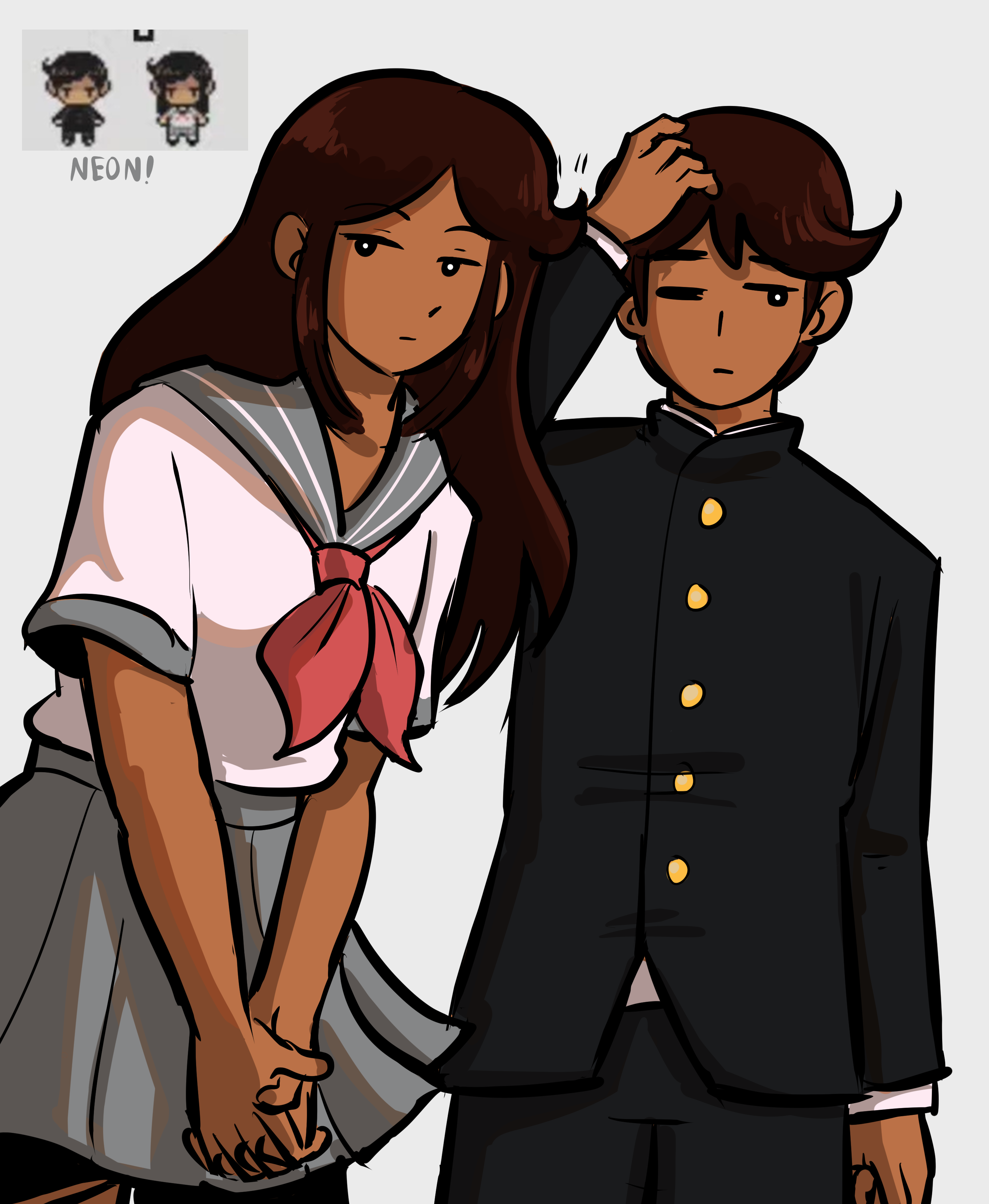 bowen (omori), daphne (omori), omori, absurdres, highres, 1boy, 1girl, black eyes, breasts, brother and sister, brown hair, dark-skinned female, dark-skinned male, dark skin, long hair, neonscented, short hair, siblings, skirt