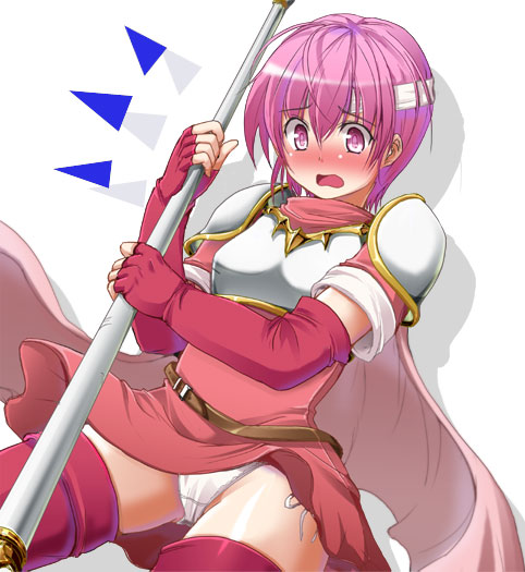 nekonote (nekono paraiso), est (fire emblem), fire emblem, fire emblem: mystery of the emblem, nintendo, pegasus knight uniform (fire emblem), 1girl, armor, armored dress, blush, cape, dress, female focus, fingerless gloves, gloves, headband, panties, pantyshot, pink eyes, pink hair, short hair, side-tie panties, simple background, solo, standing, thighhighs, underwear, white panties