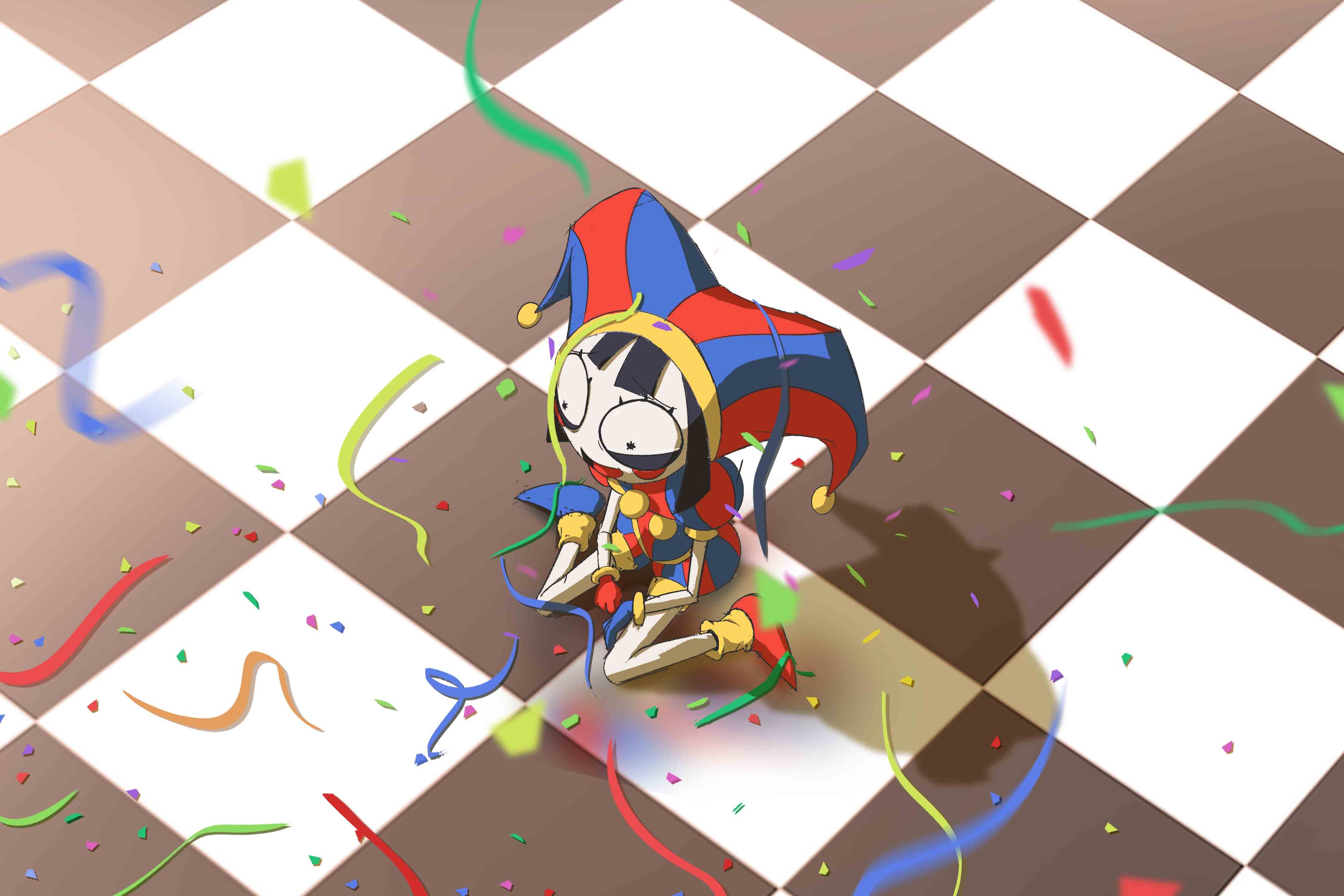 grimmie02, pomni (the amazing digital circus), the amazing digital circus, absurdres, highres, 1girl, asymmetrical gloves, black hair, blue gloves, blue shorts, confetti, gloves, hat, jester, jester cap, mismatched gloves, multicolored eyes, red gloves, red shorts, short hair, shorts, sitting, striped clothes, striped headwear