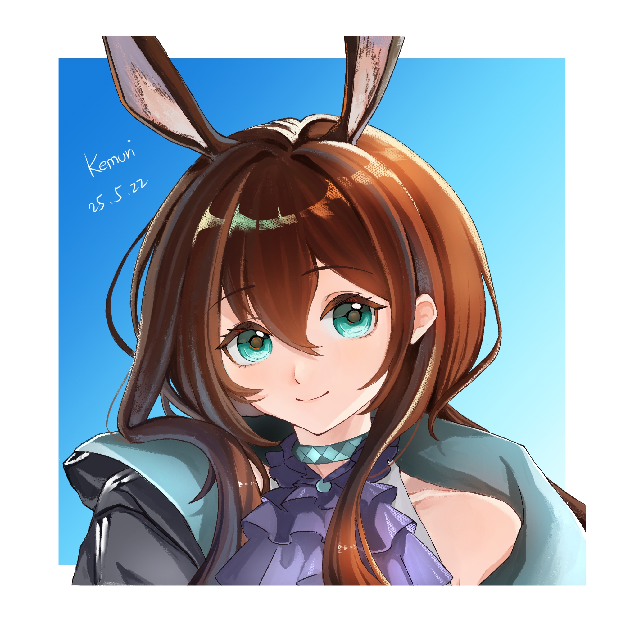 amiya (arknights), arknights, chinese commentary, commentary request, highres, 1girl, animal ears, aqua collar, aqua eyes, bare shoulders, black jacket, blue background, brown hair, closed mouth, collar, cropped shoulders, dated, gradient background, hair between eyes, jacket, long hair, looking at viewer, sallyface512, smile, solo