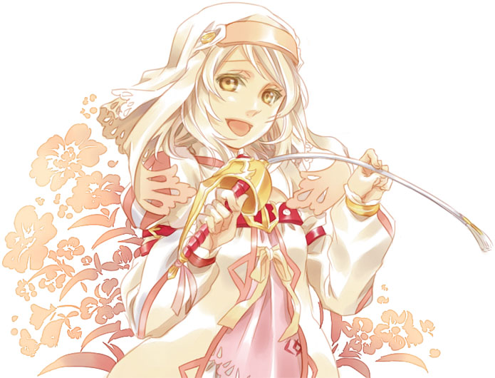 miho (mi), alice (tales), tales of (series), tales of symphonia, tales of symphonia: dawn of the new world, md5 mismatch, resolution mismatch, source larger, 00s, eyelashes, holding, holding sword, holding weapon, layered sleeves, long sleeves, rapier, short hair, short over long sleeves, short sleeves, simple background, smile, solo, swept bangs, sword, weapon, whip, white background, white hair, yellow eyes