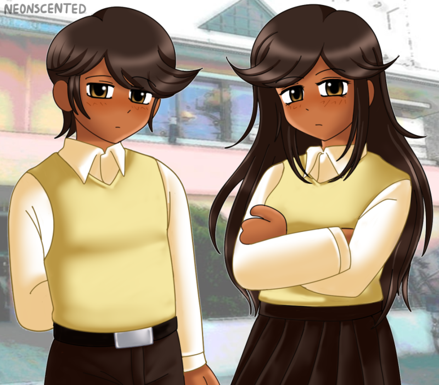 bowen (omori), daphne (omori), omori, highres, 1boy, 1girl, black eyes, breasts, brother and sister, brown hair, dark-skinned female, dark-skinned male, dark skin, long hair, neonscented, short hair, siblings, skirt