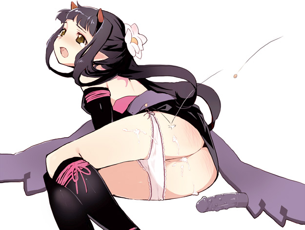 misada, sakuya (tales of innocence), alfa system, tales of (series), tales of innocence, bad id, bad pixiv id, 1girl, ass, beans, black hair, blush, brown eyes, dildo, female focus, horns, long hair, oni, panties, panty pull, pussy juice, setsubun, sex toy, solo, tears, underwear