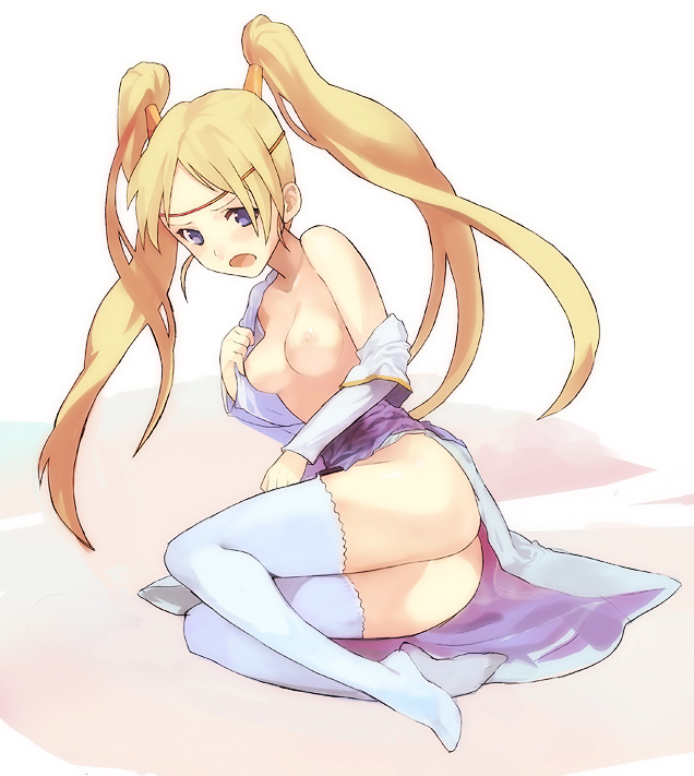 misada, fenimore, fenimore xelhes, tales of (series), tales of legendia, bad id, bad pixiv id, 1girl, blonde hair, blush, breasts, circlet, female focus, long hair, nipples, purple eyes, solo, thighhighs, twintails, white background, white thighhighs