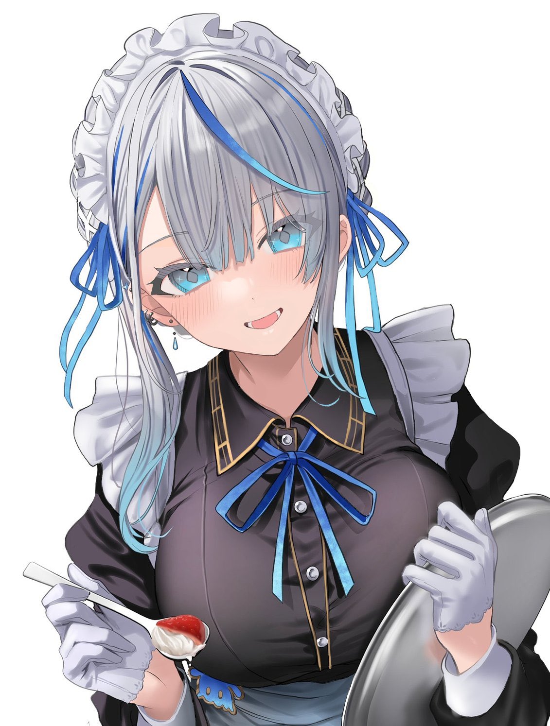 hamu (plot sy), amagai ruka, weather planet, highres, 1girl, black dress, blue eyes, blue hair, blue ribbon, breasts, dress, food, gloves, grey hair, half gloves, holding, holding spoon, holding tray, large breasts, long hair, long sleeves, looking at viewer, maid, maid headdress, multicolored hair, open mouth, ribbon, simple background, smile, solo, spoon, streaked hair, teeth, tray, upper body, virtual youtuber, white background, white gloves