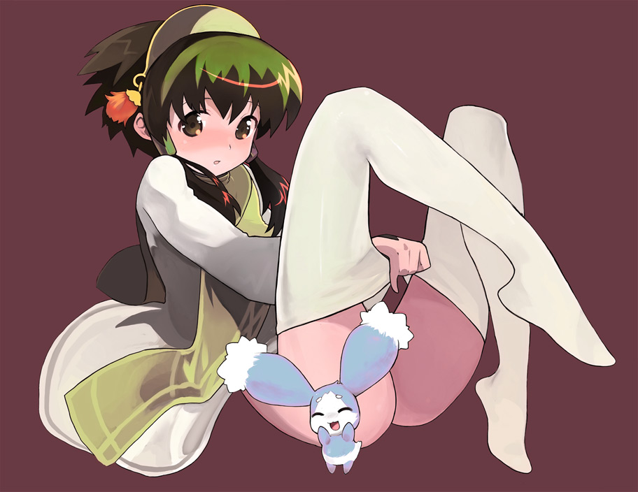 misada, ion (tales), mieu (tales), tales of (series), tales of the abyss, bad id, bad pixiv id, 00s, 1boy, blush, brown eyes, censored, convenient censoring, feet, green eyes, green hair, hair tubes, male focus, matching hair/eyes, pantyhose, purple background, short hair with long locks, shota, solo, thighhighs, thighs, trap, white pantyhose