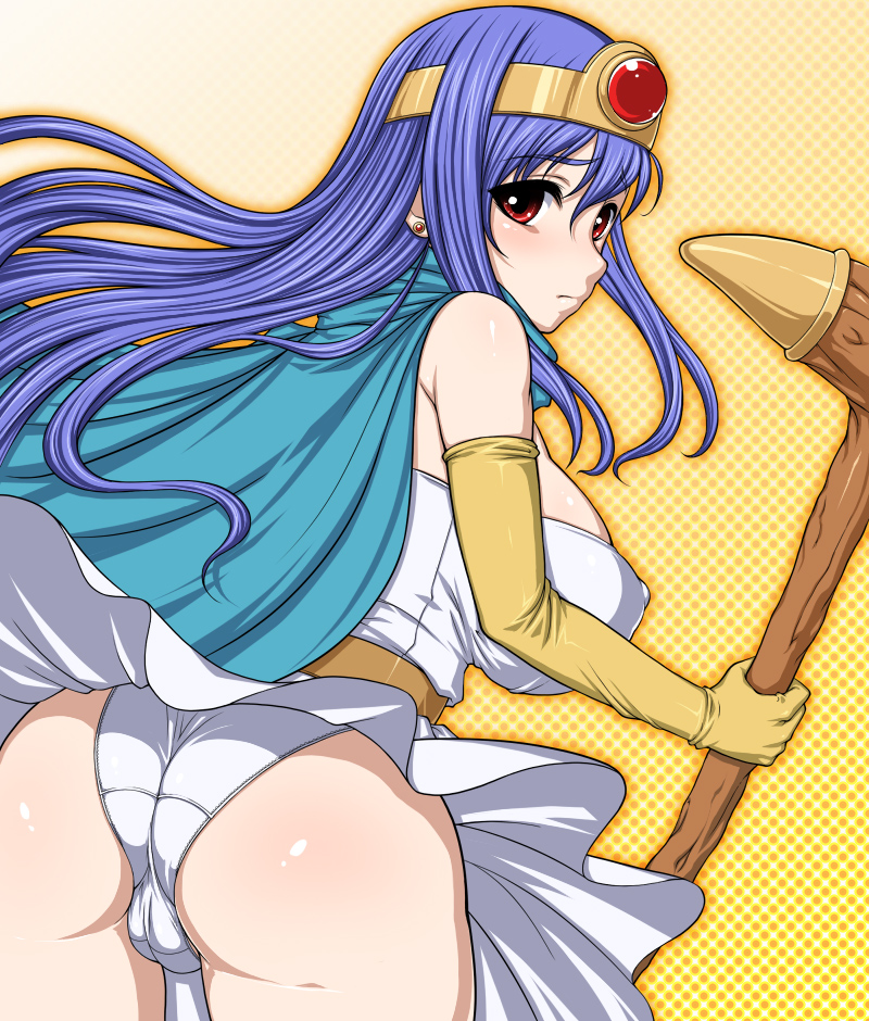 masa yuki, yukimasa (nkk145), sage (dq3), chunsoft, dragon quest, dragon quest iii, enix, bad id, bad pixiv id, 1girl, ass, backboob, blue hair, breasts, cameltoe, circlet, cleavage, clothes lift, covered erect nipples, elbow gloves, female focus, gloves, huge breasts, long hair, looking back, panties, red eyes, sideboob, skirt, skirt lift, solo, staff, underwear, wind, wind lift