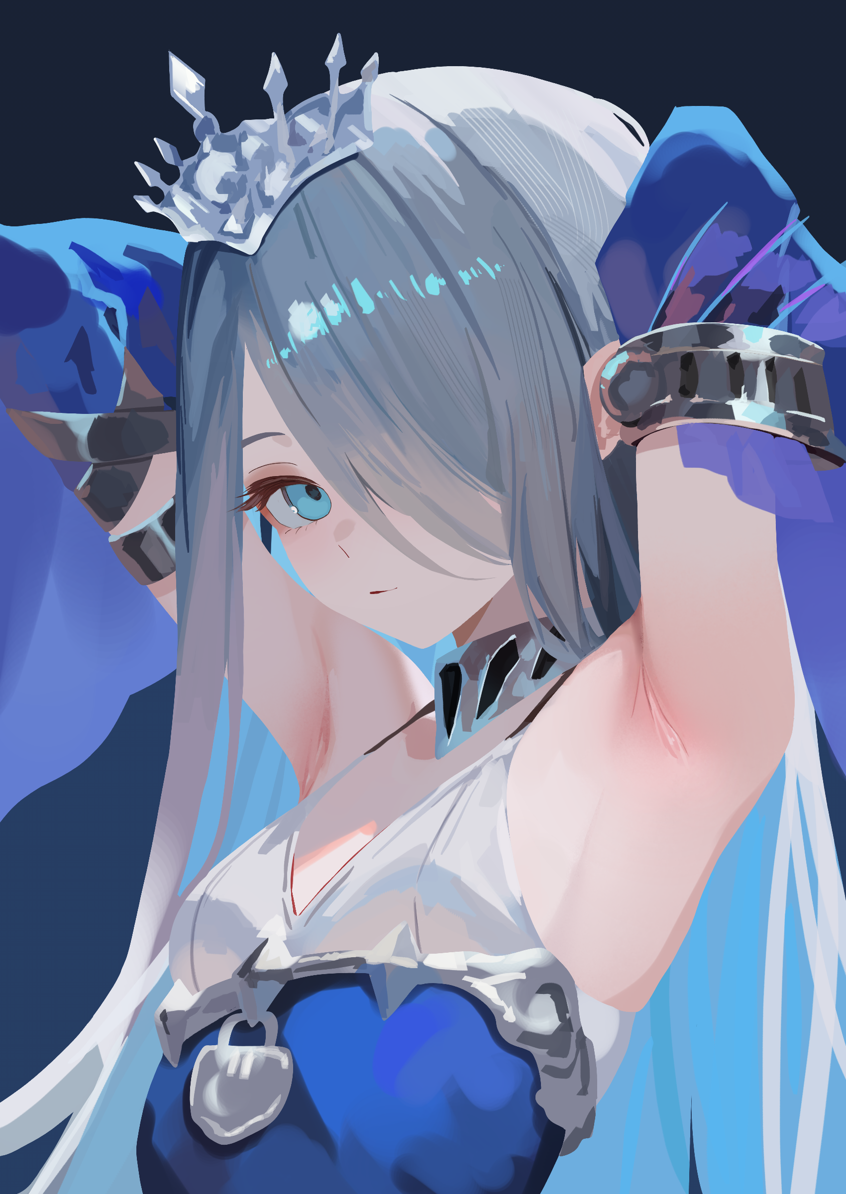 nbee ya, tearlaments havnis, yu-gi-oh!, absurdres, highres, 1girl, aqua eyes, armpits, arms up, breasts, card game, detached sleeves, duel monster, grey hair, hair over one eye, long hair, long sleeves, looking at viewer, parted lips, small breasts, tiara, upper body