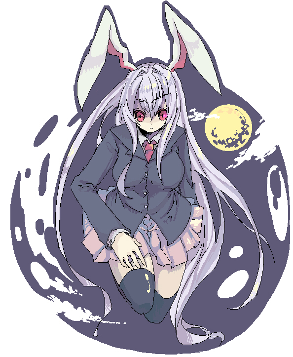 shiina aya, reisen udongein inaba, touhou, 1girl, animal ears, female focus, full body, moon, oekaki, outdoors, rabbit ears, sky, solo, thighhighs