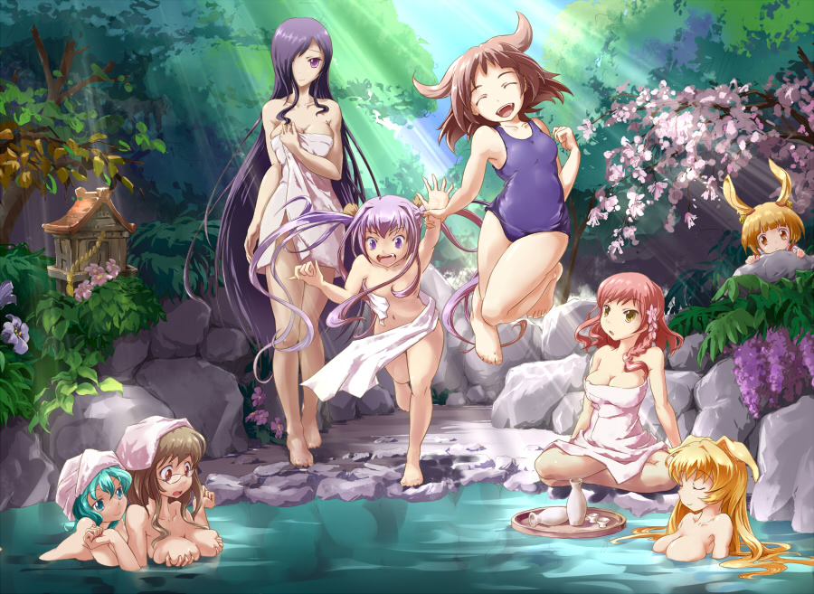moupii (hitsuji no ki), chizumi (toppara), isora (toppara), mikage (toppara), sachiko (toppara), seori (toppara), shirasawa sakuya, suzu (toppara), touka (toppara), toppara, 6+girls, animal ears, barefoot, bath, braid, breasts, cleavage, feet, flower, glasses, grabbing another's breast, groping, hair over one eye, impossible towel, jumping, large breasts, legs, light rays, long hair, multiple girls, naked towel, nature, nude, one-piece swimsuit, onsen, rabbit ears, sitting, smile, sunbeam, sunlight, swimsuit, towel, twintails, very long hair, water