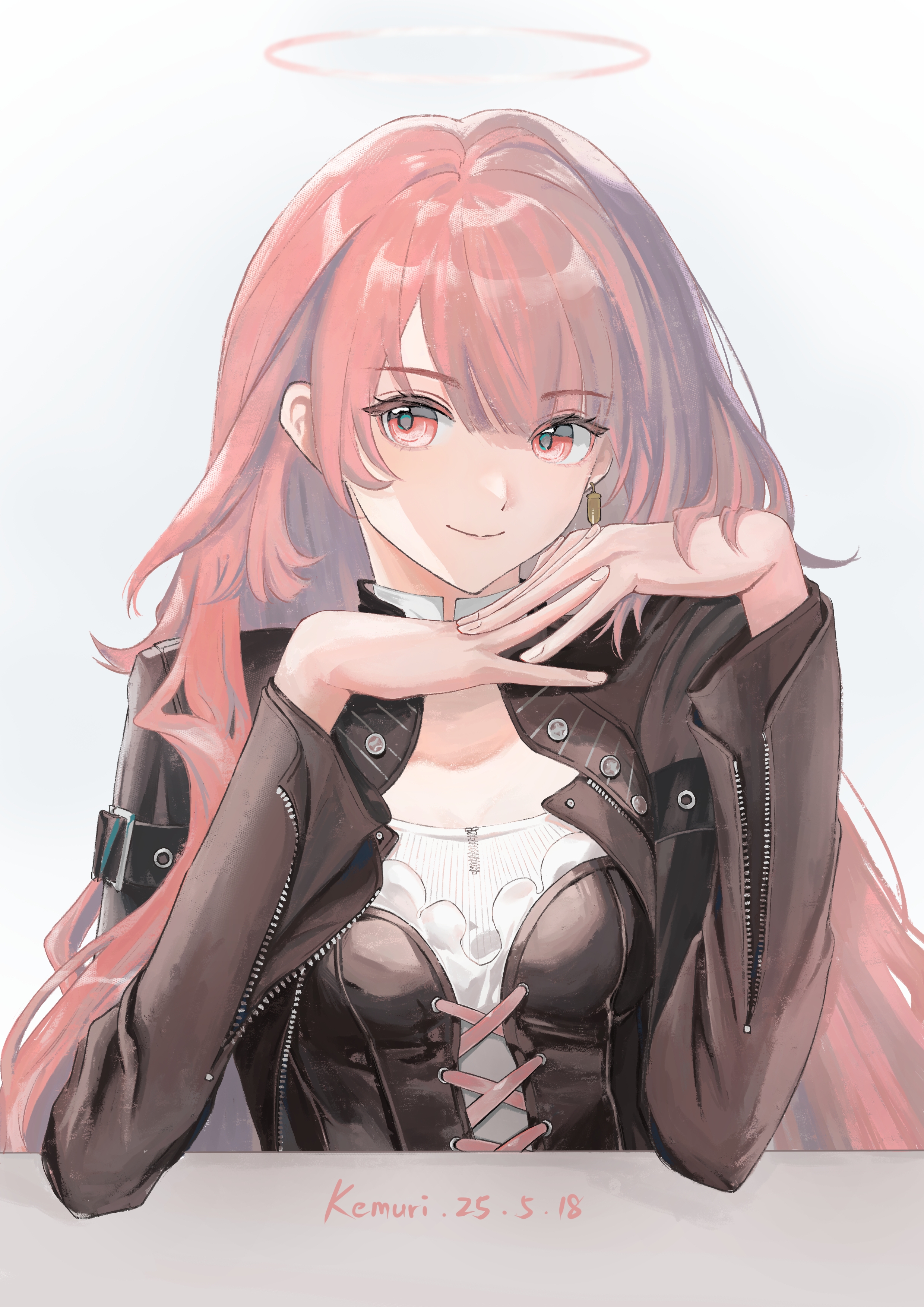 lemuen (arknights), arknights, absurdres, commentary, highres, 1girl, black jacket, breasts, cleavage, closed mouth, dated, fingernails, grey background, grey hair, halo, interlocked fingers, jacket, long hair, long sleeves, looking at viewer, multicolored hair, own hands together, pink hair, pink halo, red eyes, sallyface512, simple background, smile, solo, streaked hair, traditional halo, upper body, white halo, zipper