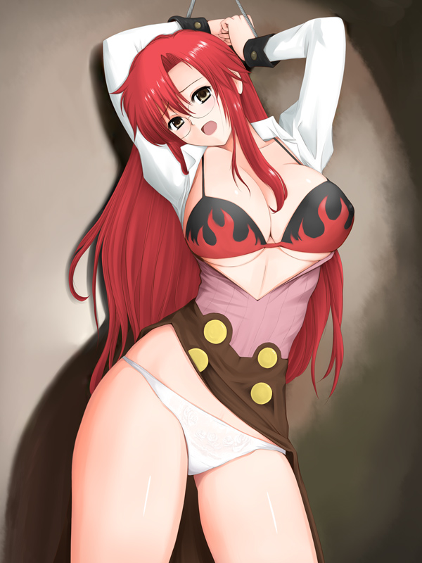 niwatori kokezou, yoko littner, yomako, tengen toppa gurren lagann, 00s, 1girl, aged up, bdsm, bikini, bikini top only, bondage, bound, breasts, brown eyes, cleavage, female focus, glasses, huge breasts, long hair, open clothes, open mouth, open shirt, panties, red hair, separated wrists, shirt, skirt, solo, swimsuit, teacher, underwear, white panties