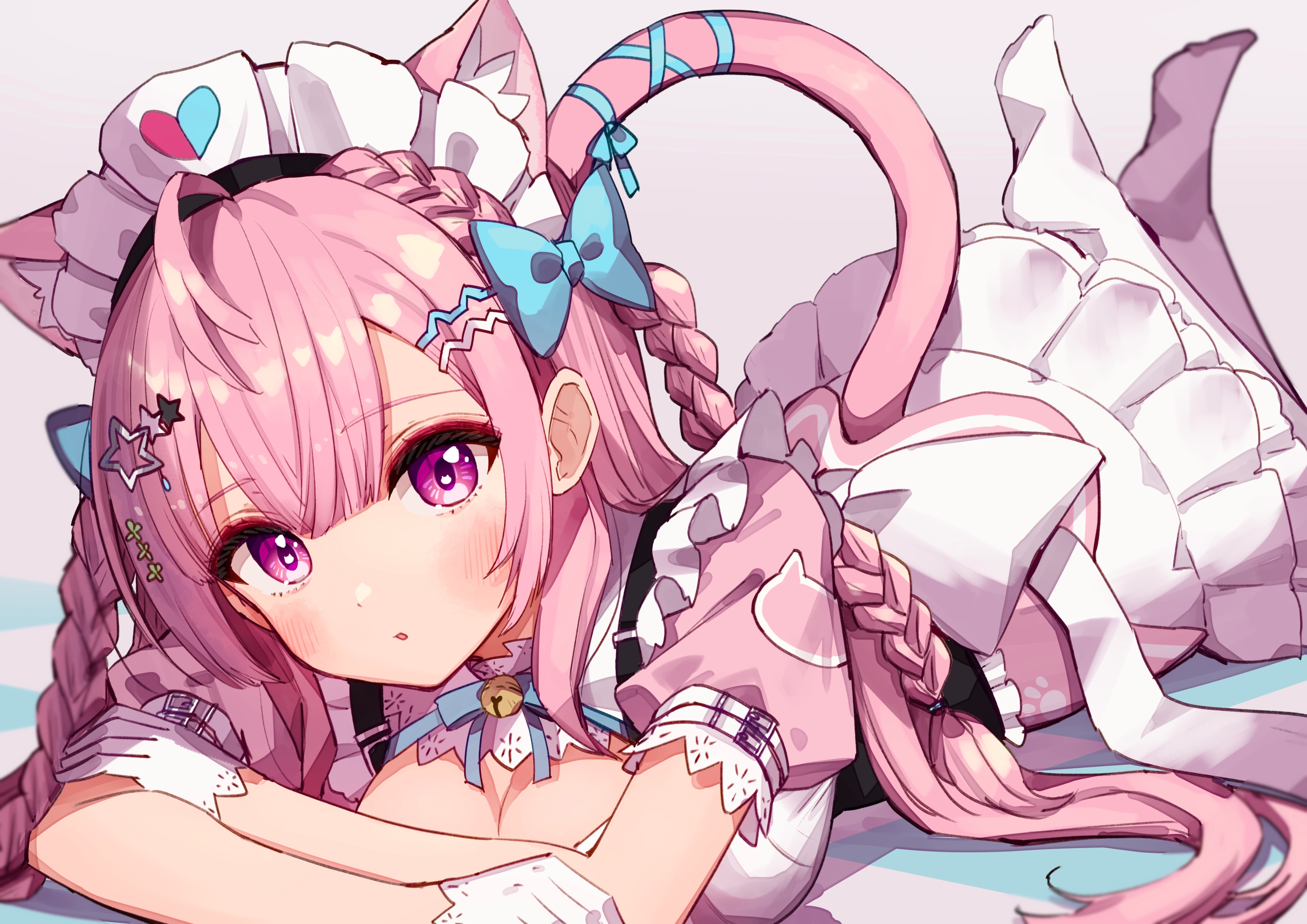 nanado shion, yuuki sakuna, indie virtual youtuber, absurdres, highres, 1girl, animal ears, braid, breasts, cat ears, cat girl, cat tail, cleavage, dress, gloves, grey background, half gloves, large breasts, long hair, lying, maid, maid headdress, on stomach, parted lips, pink dress, purple eyes, short sleeves, simple background, tail, the pose, virtual youtuber, white gloves