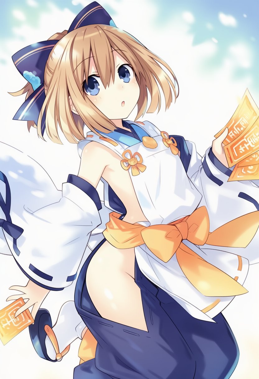 tsunako, rom (neptunia), neptune (series), highres, non-web source, official art, blue eyes, bow, brown hair, detached sleeves, hair bow, japanese clothes, miko, ofuda, short sleeves
