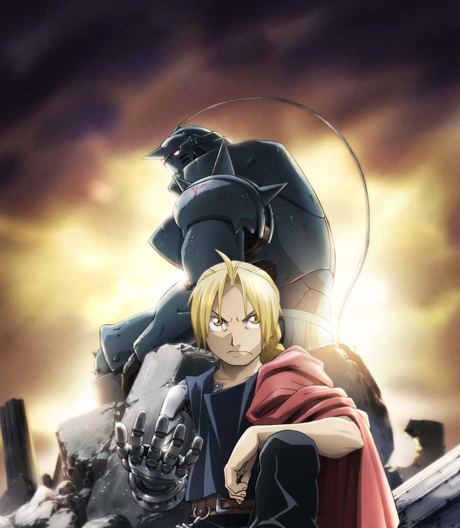 alphonse elric, edward elric, fullmetal alchemist, jpeg artifacts, official art, 00s, 2boys, ahoge, armor, blonde hair, braid, brothers, male focus, multiple boys, prosthesis, siblings, single braid